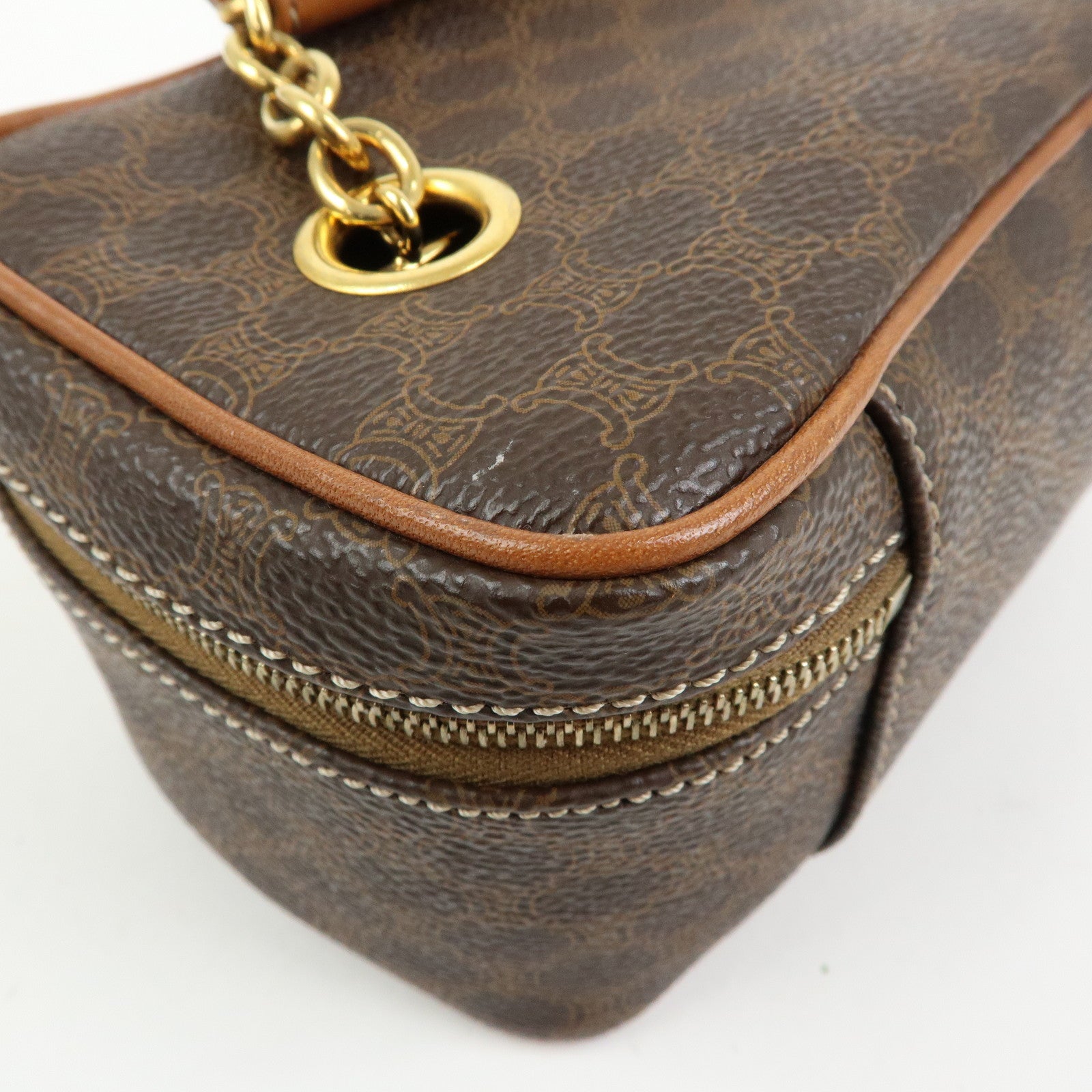 CELINE Macadam PVC Leather Chain Mini Hand Bag Vanity Bag Brown