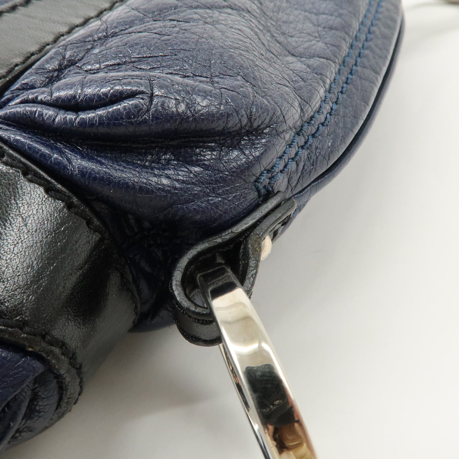 FENDI Leather Shoulder Bag Navy Black Silver HDW 8BR293 Used