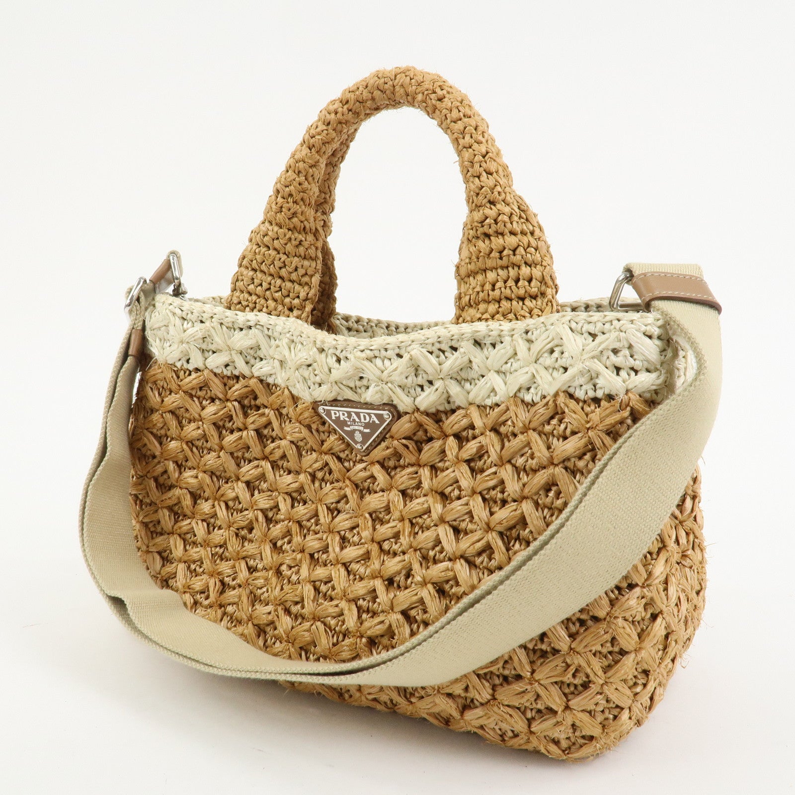PRADA Canapa Raffia 2 Way Bag Hand Shoulder Bag Brown Ivory BN2889