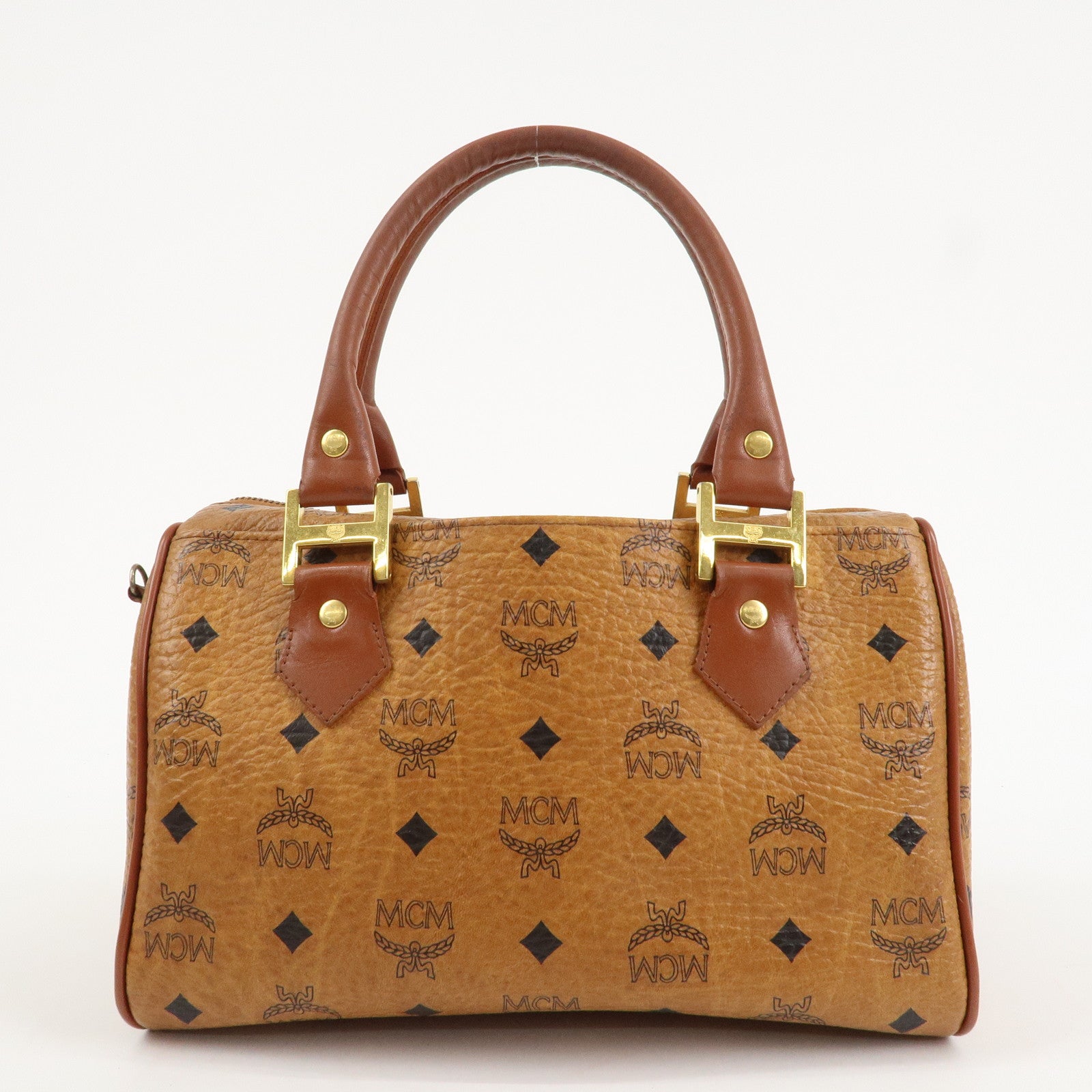 MCM Visetos Leather Boston Bag Hand Bag Brown Gold Hardware Used