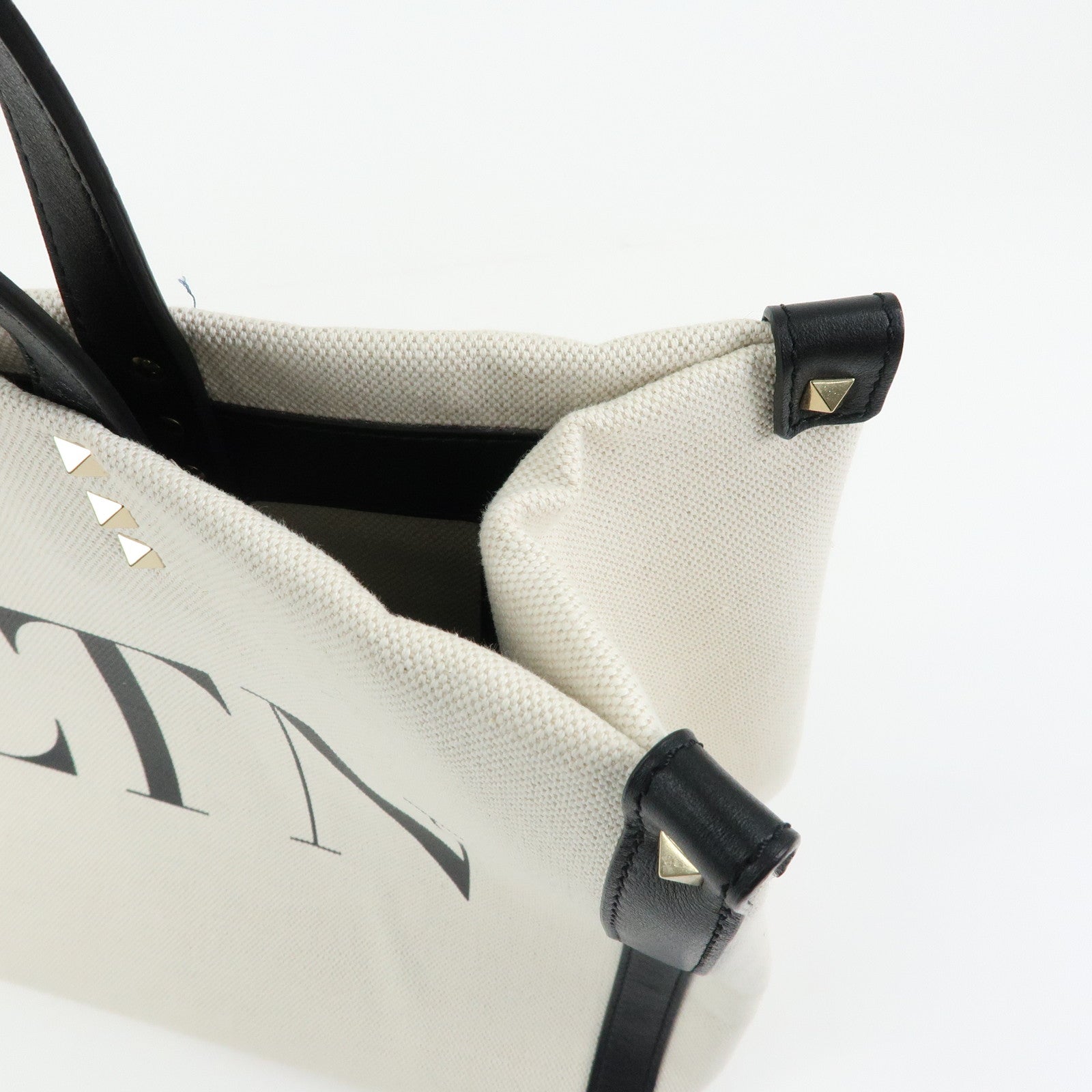VALENTINO Rockstud Canvas Leather Tote Bag Hand Bag Natural Black