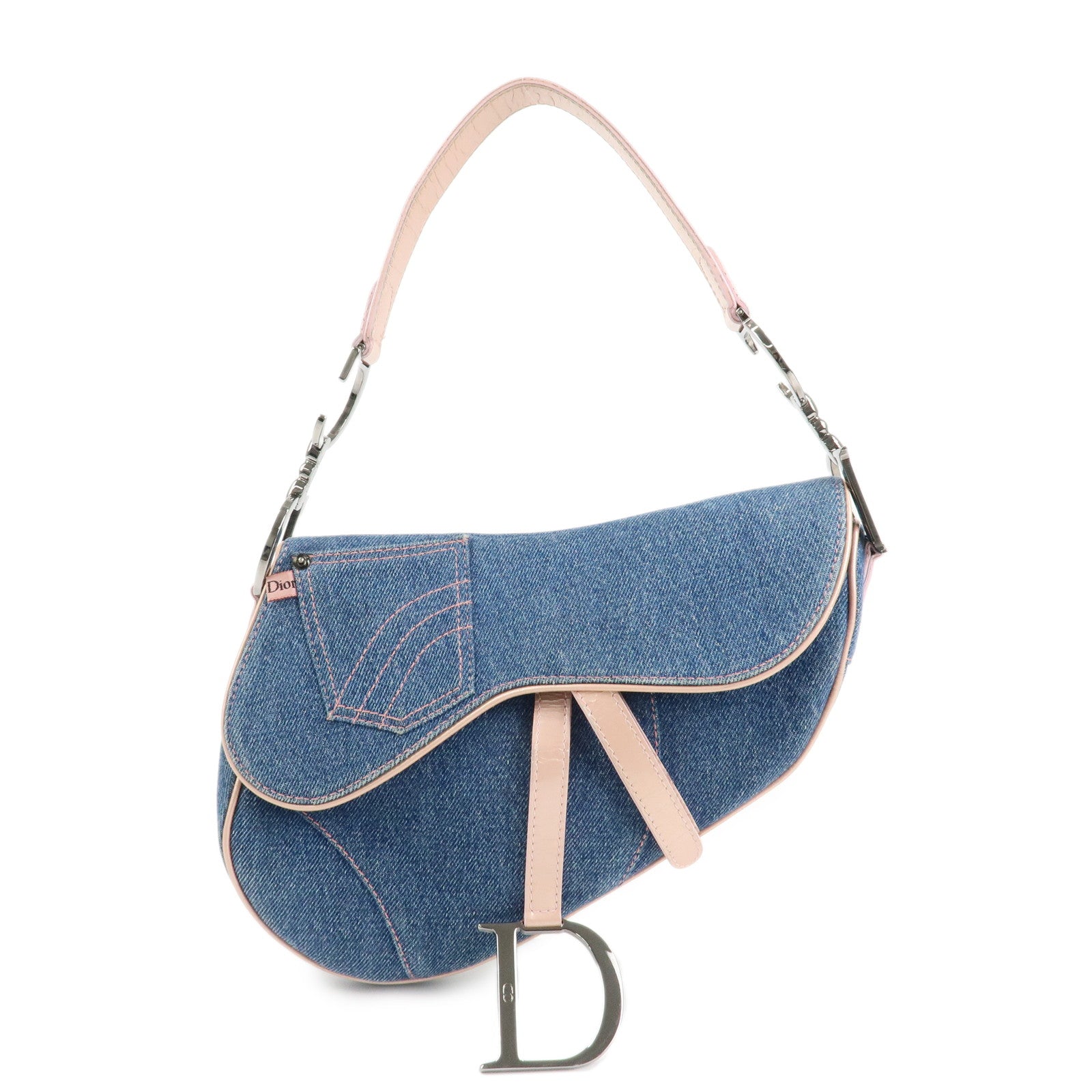 Christian Dior Saddle Bag Denim Patent Leather Shoulder Bag Blue Used
