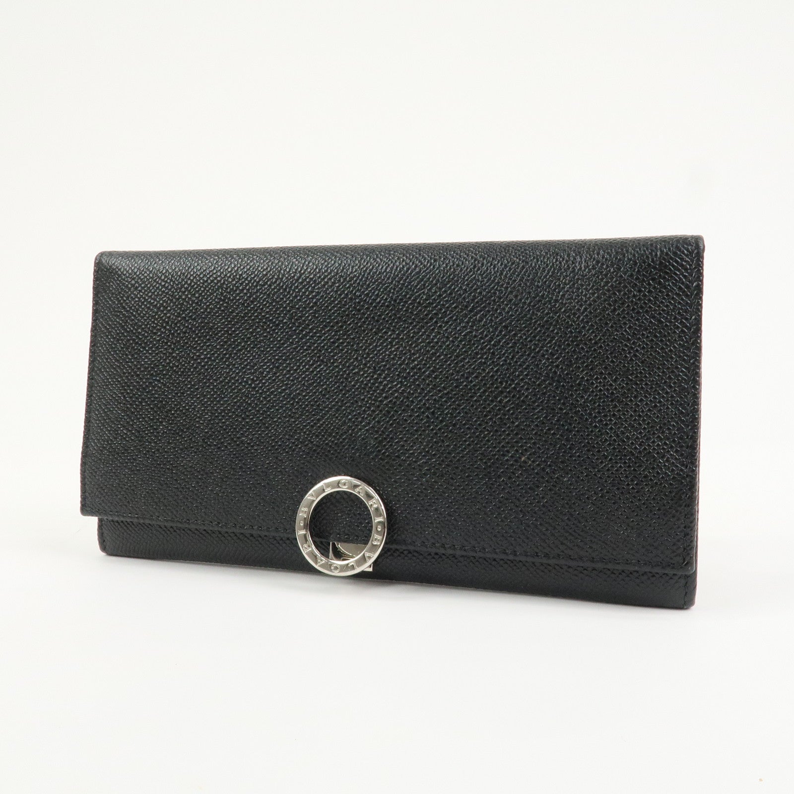 BVLGARI Logo Leather Bi-fold Long Wallet Black Silver