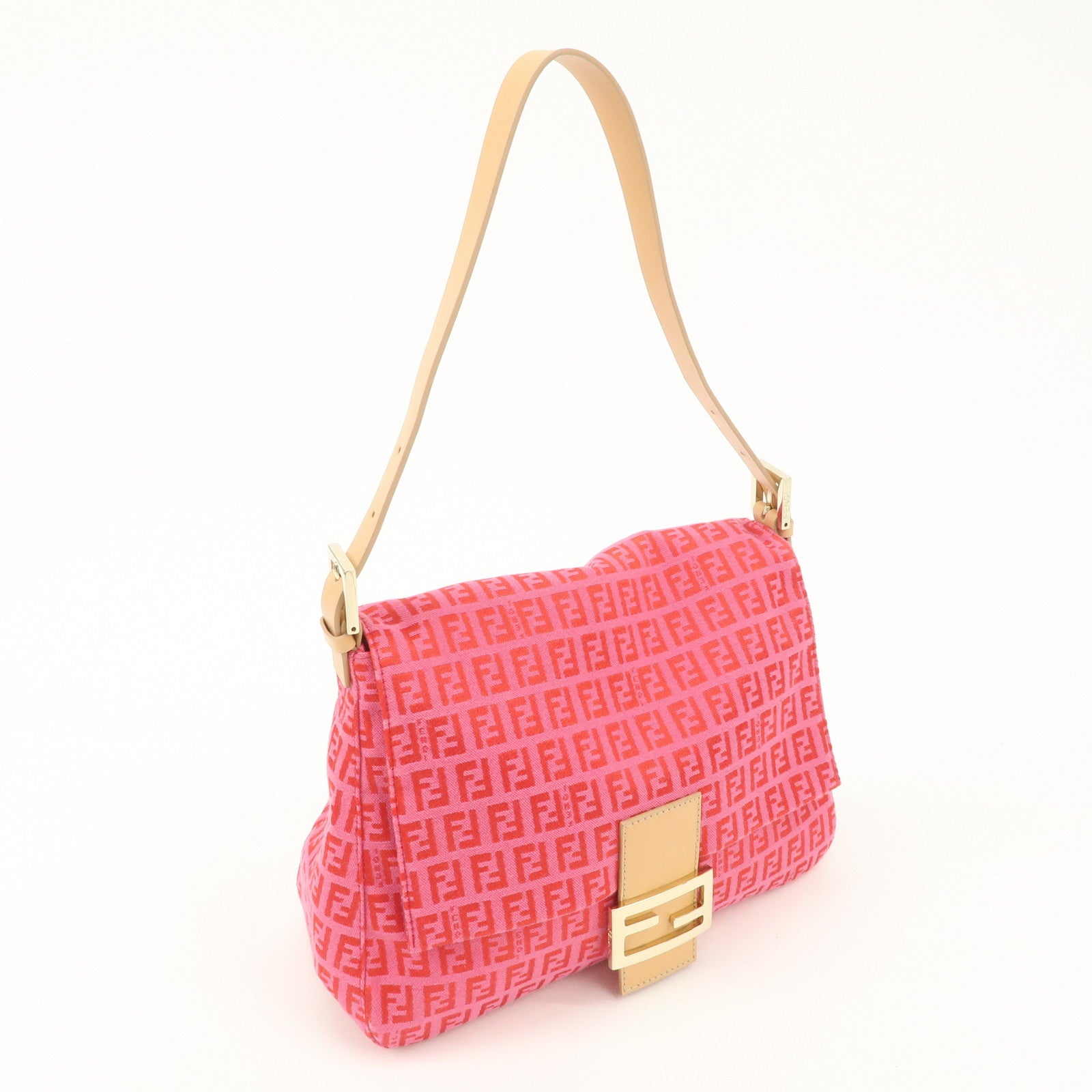 FENDI Mamma Baguette Zucchino Canvas Leather Shoulder Bag Pink