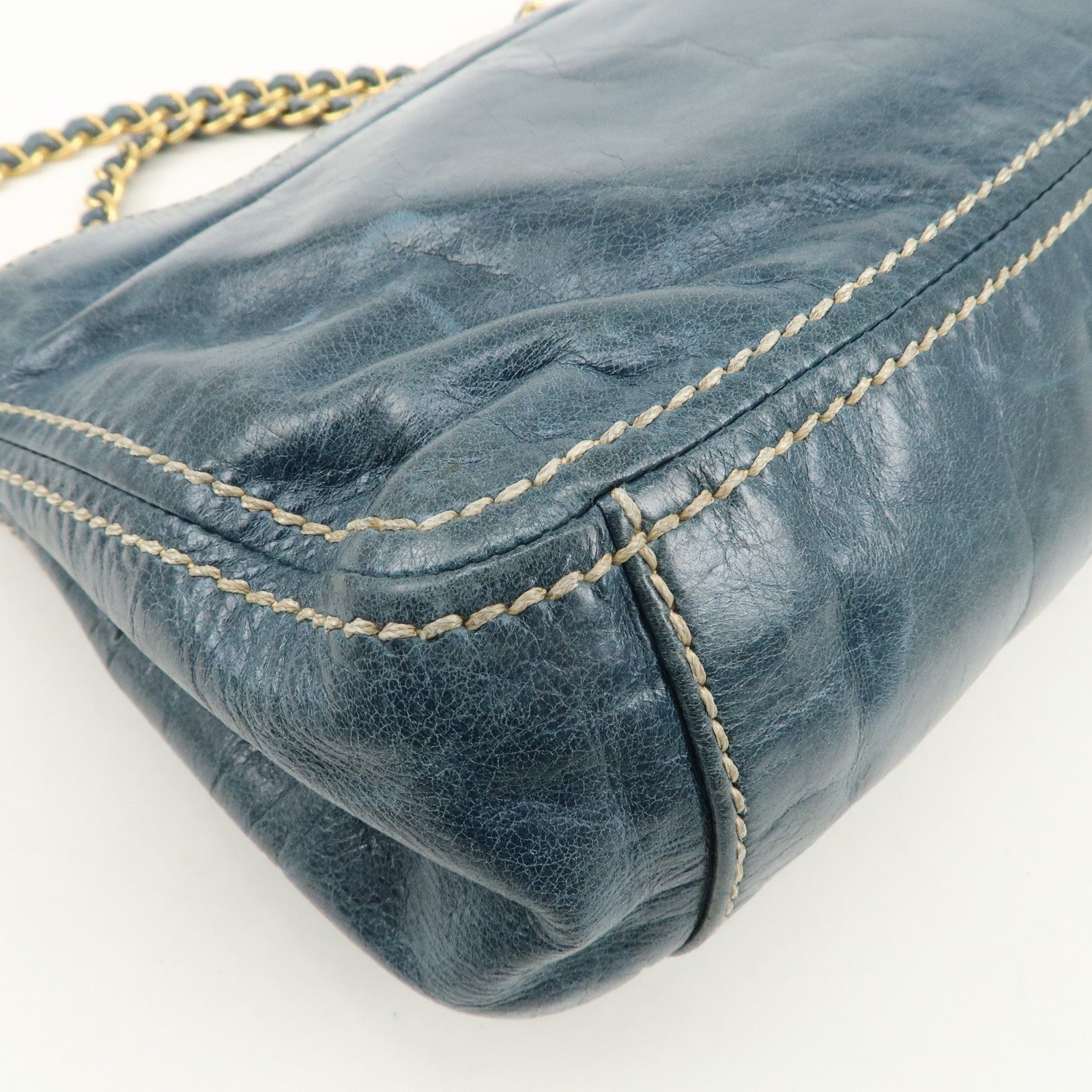 PRADA Leather Chain Shoulder Bag Blue Gold Hardware BR4659 Used