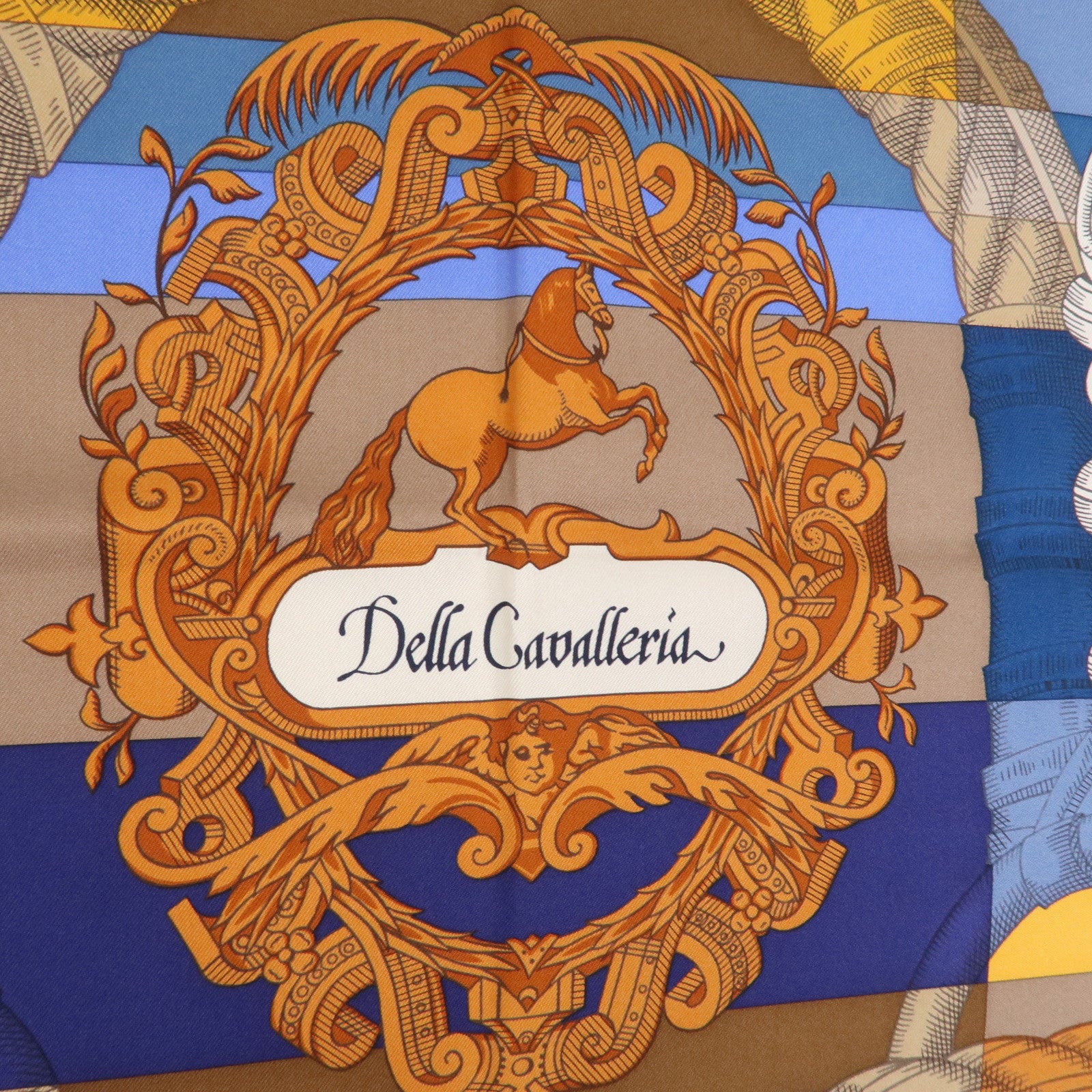 HERMES Carre 90 Silk 100% Scarf DELLA CAVALLERIA Blue Brown