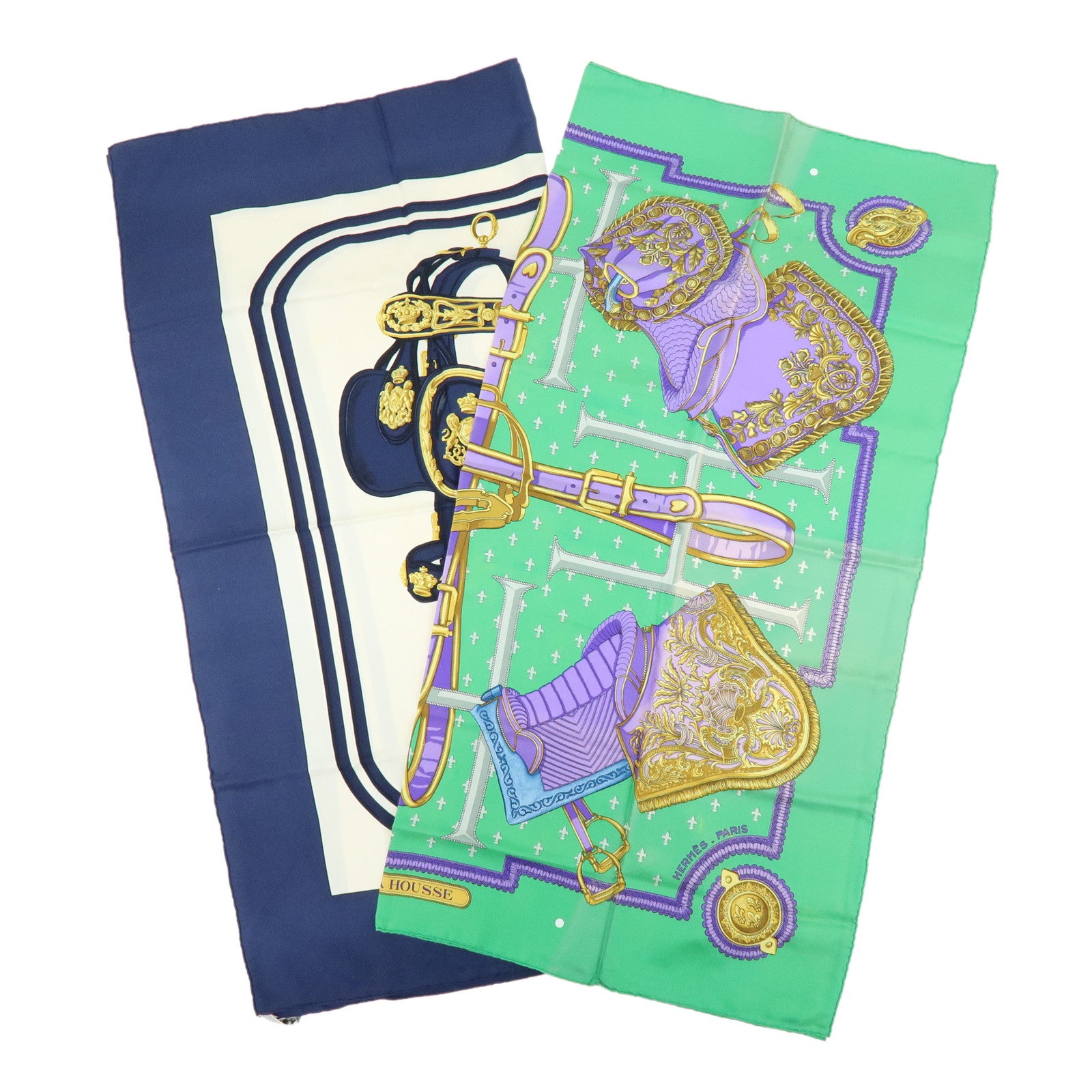 HERMES Carre 90 Set of 2 Silk 100% Scarf Navy Ivory Green Purple