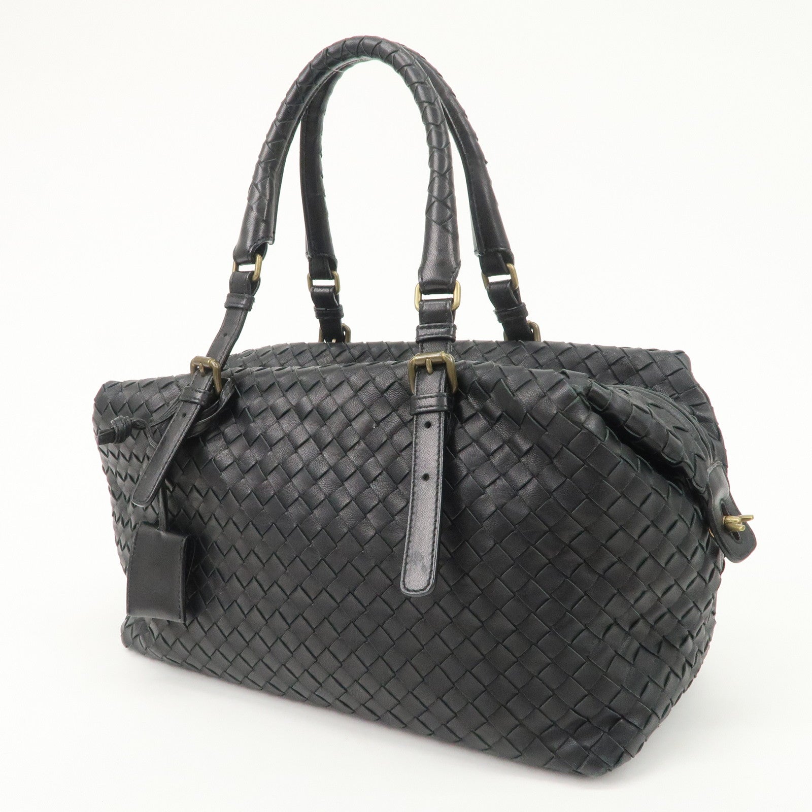 BOTTEGA VENETA Intrecciato Leather Boston Bag Hand Bag Black 173398