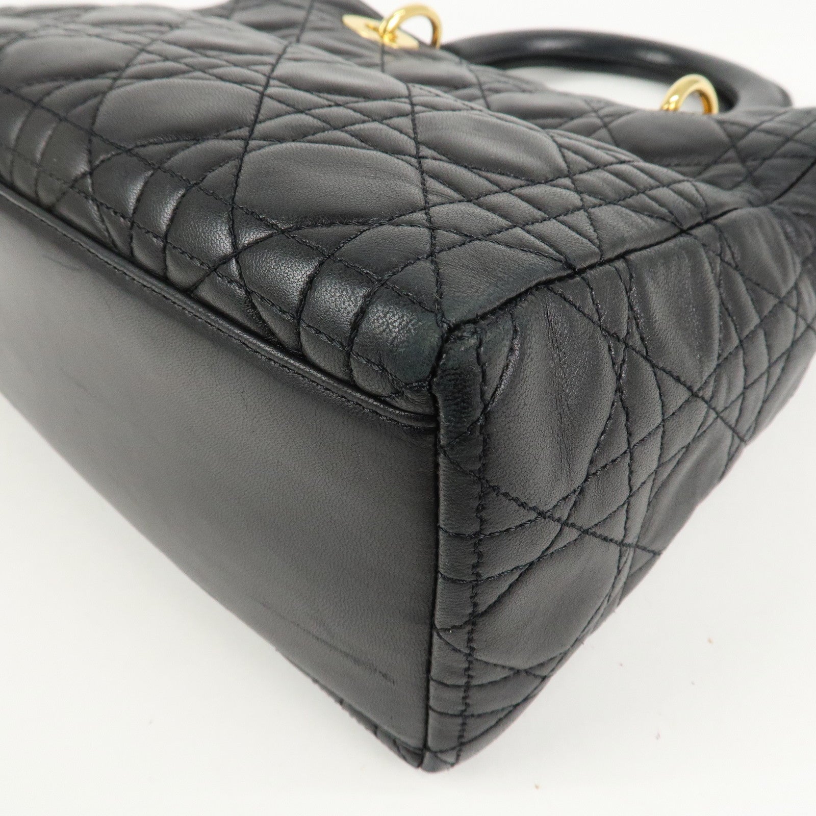 Christian Dior Lady Dior Canage Leather Hand Bag Black Used