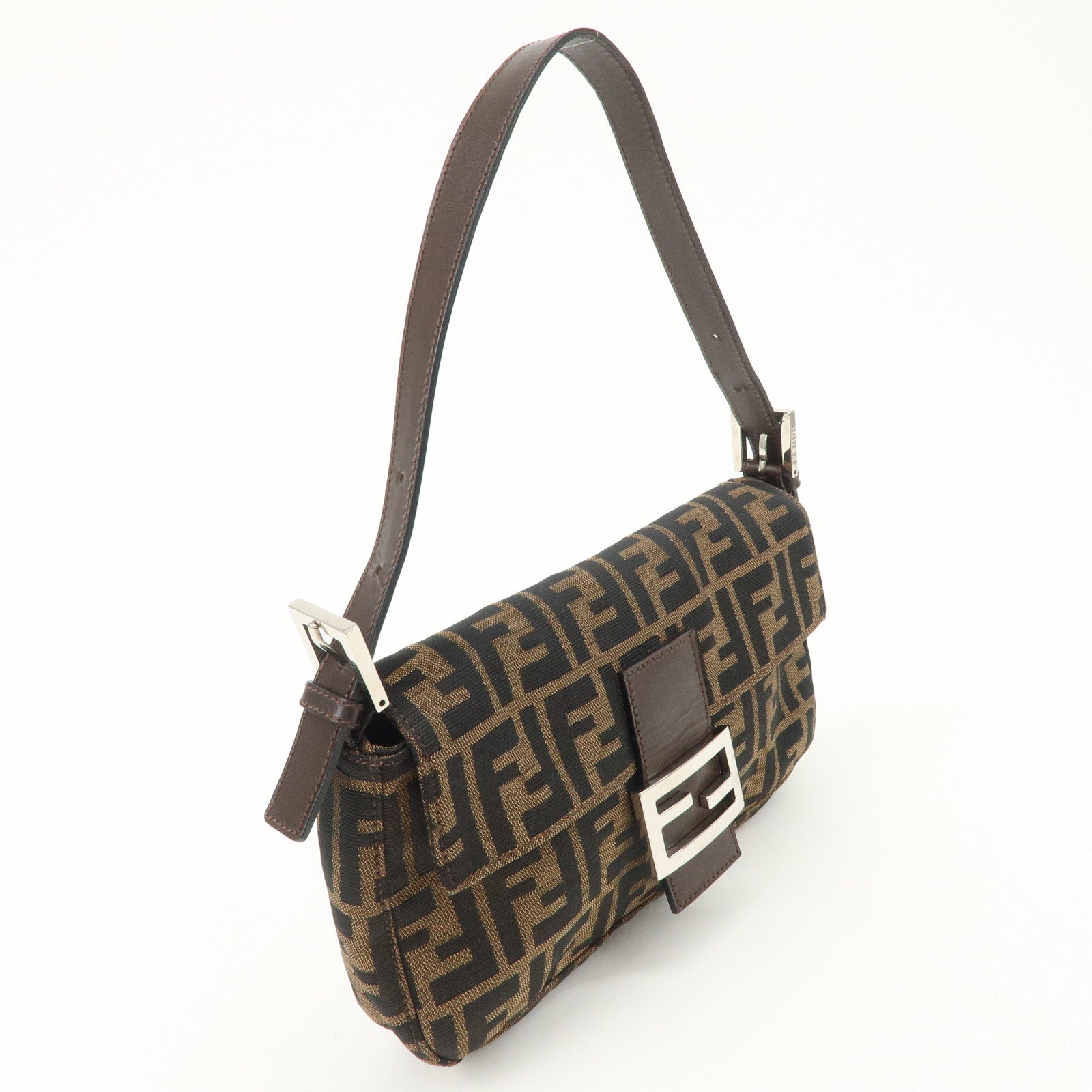 FENDI Mamma Baguette Zucca Canvas Leather Shoulder Bag Hand Bag Black Brown 26424
