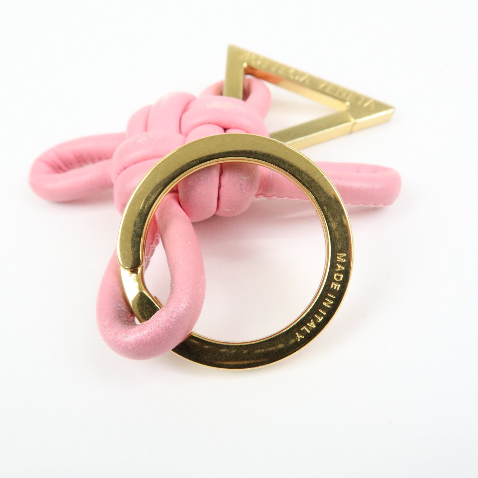 BOTTEGA VENETA Leather Metal Bag Charm Key Chain Gold Pink