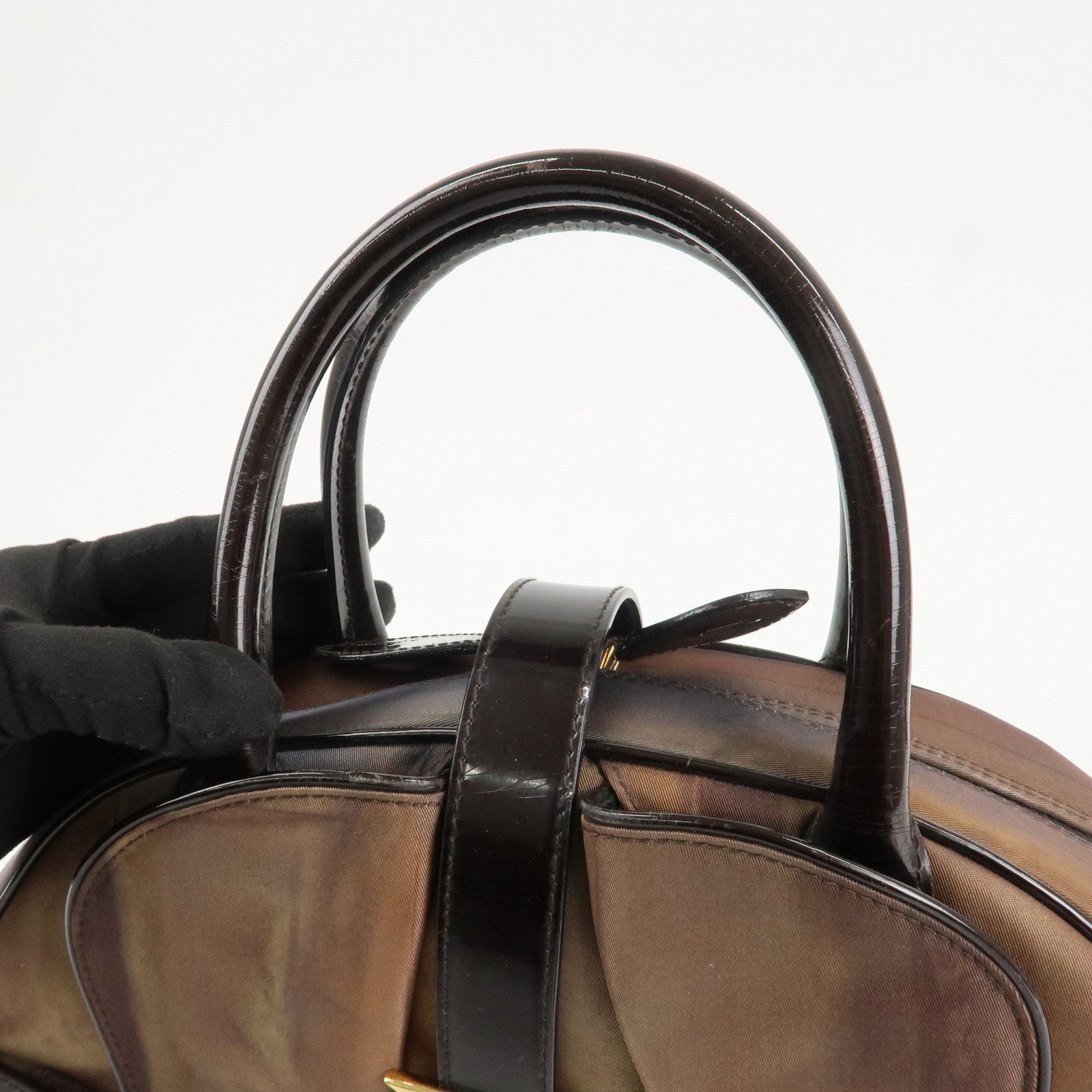 Christian Dior Double Saddle Nylon Leather Hand Boston Bag Brown Used