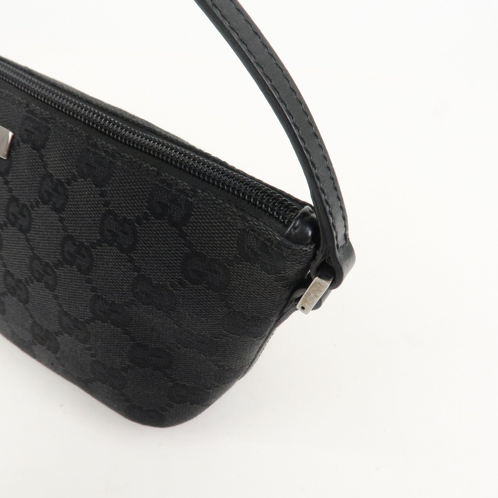 GUCCI Boat Bag GG Canvas Leather Hand Bag Pouch Black 07198