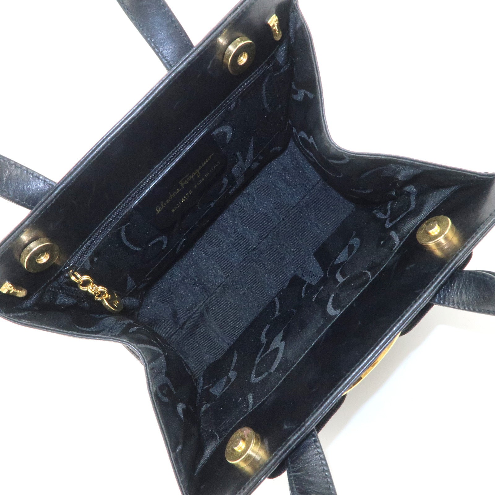 Ferragamo Vara Ribbon Leather Hand Bag Black Gold HDW