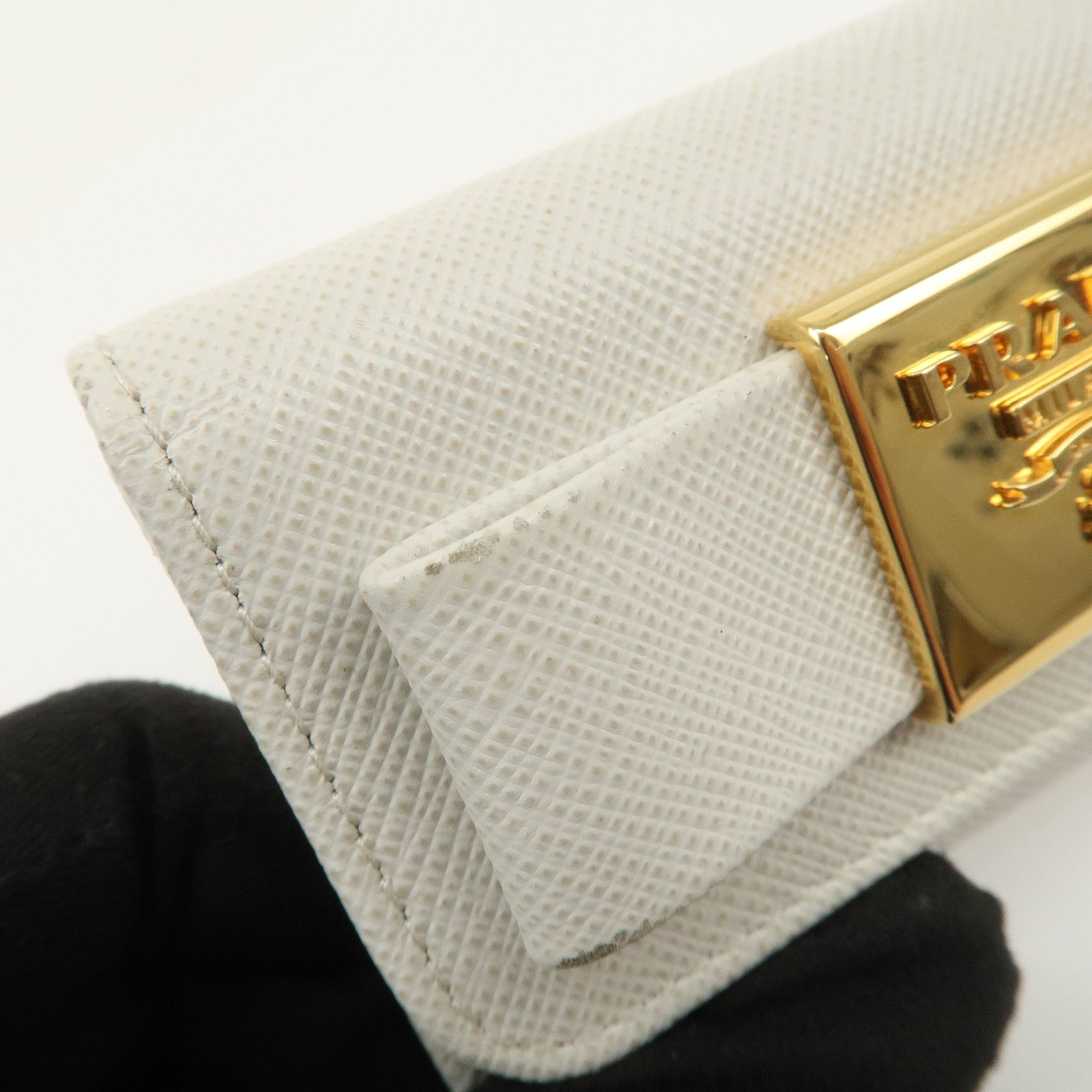 PRADA Ribbon Saffiano Leather Key Case Key Holder White