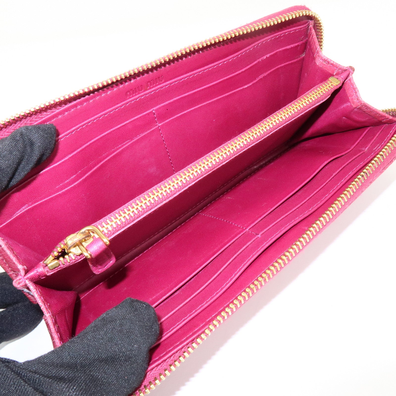 MIU MIU Logo Embossed Leather Zippy Long Wallet Pink Gold