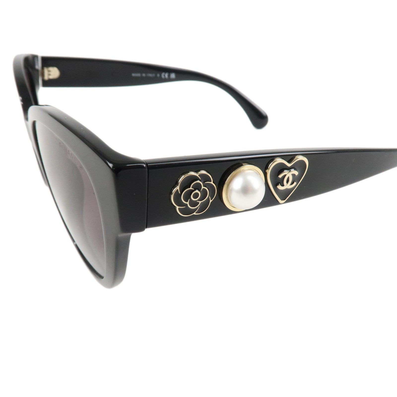 CHANEL Heart Pearl Plastic Sunglasses 56□18 Black Used