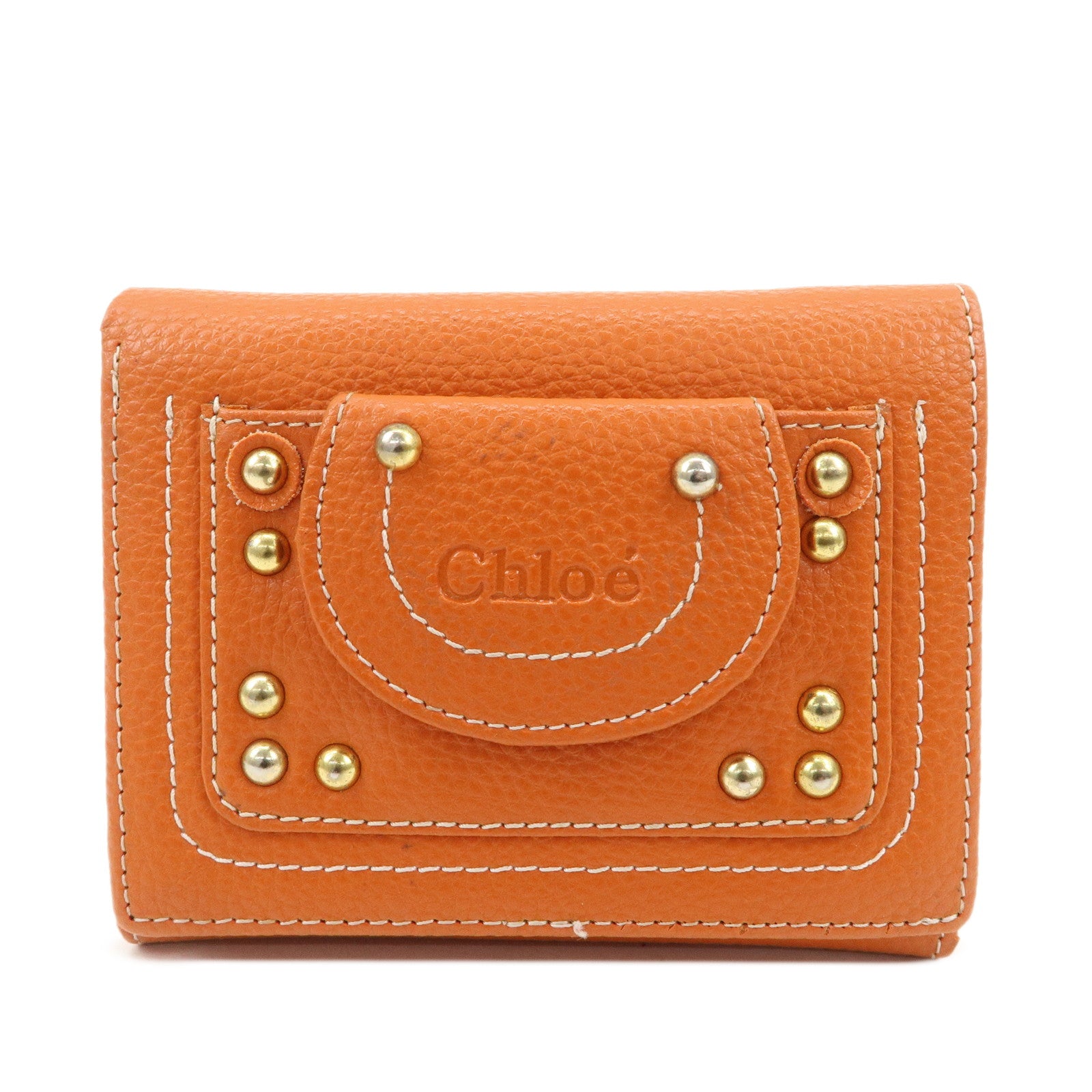 Chloe Leather Tri-fold Compact Wallet Studs Orange