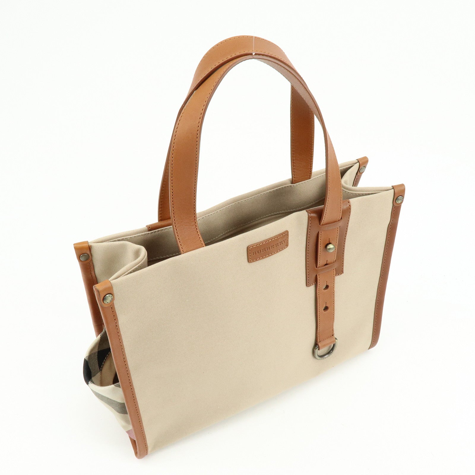 BURBERRY Nova Plaid Canvas Leather Tote Bag Hand Bag Beige Brown