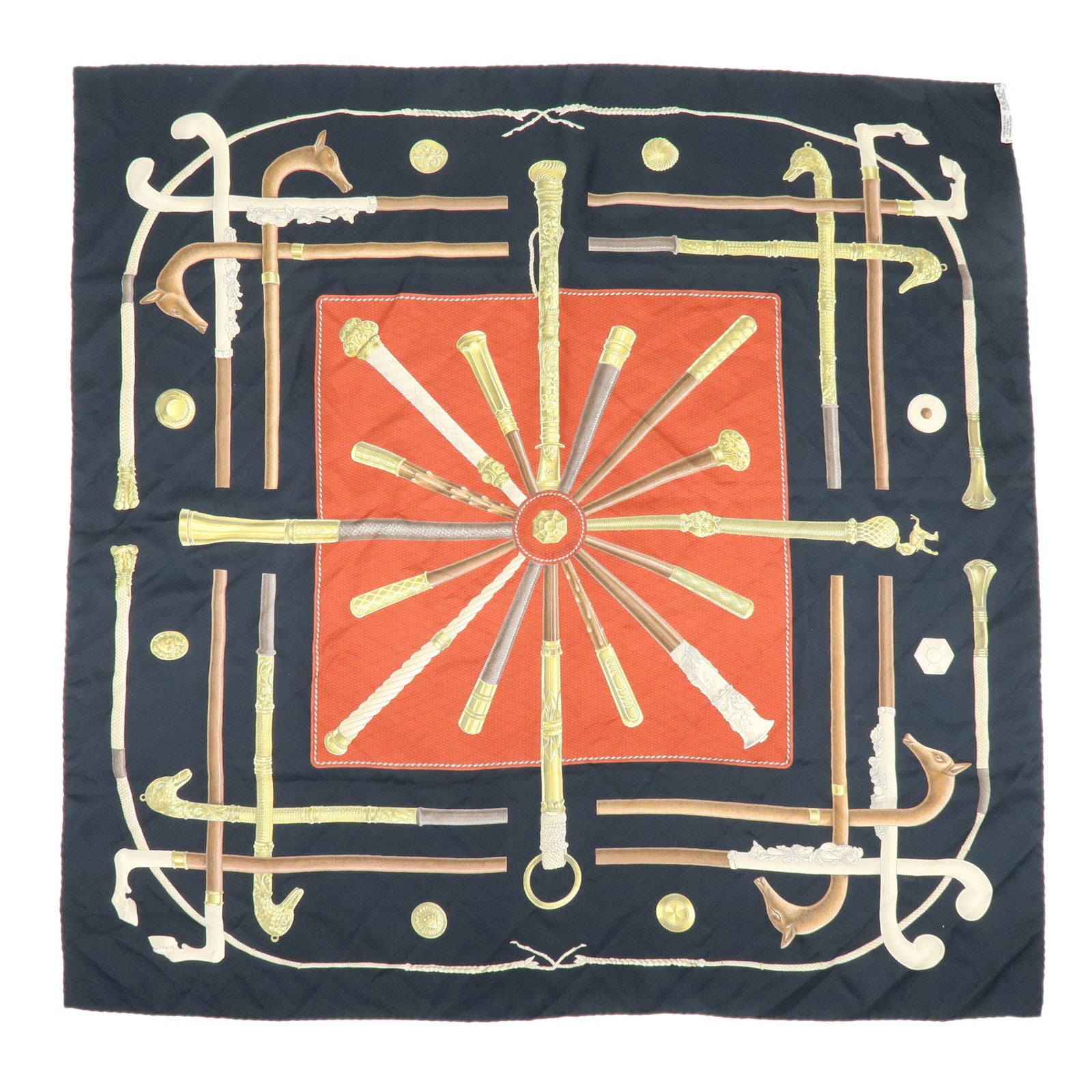 HERMES Carre 90 Silk 100% Scarf CANNES ET POMMEAUX Stick Black