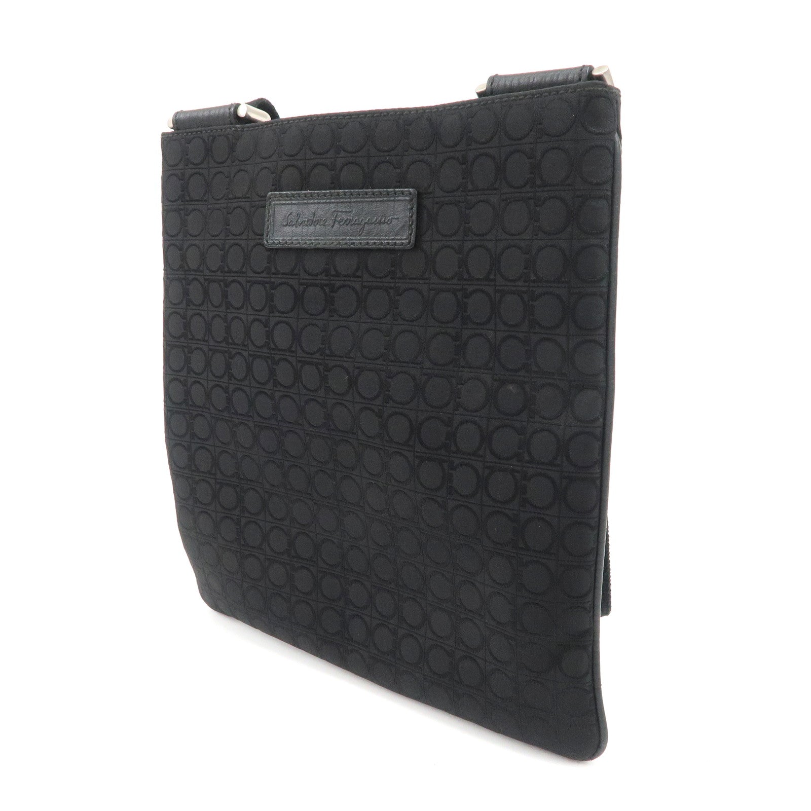 Ferragamo Gancini Canvas Shoulder Bag Black Silver HDW