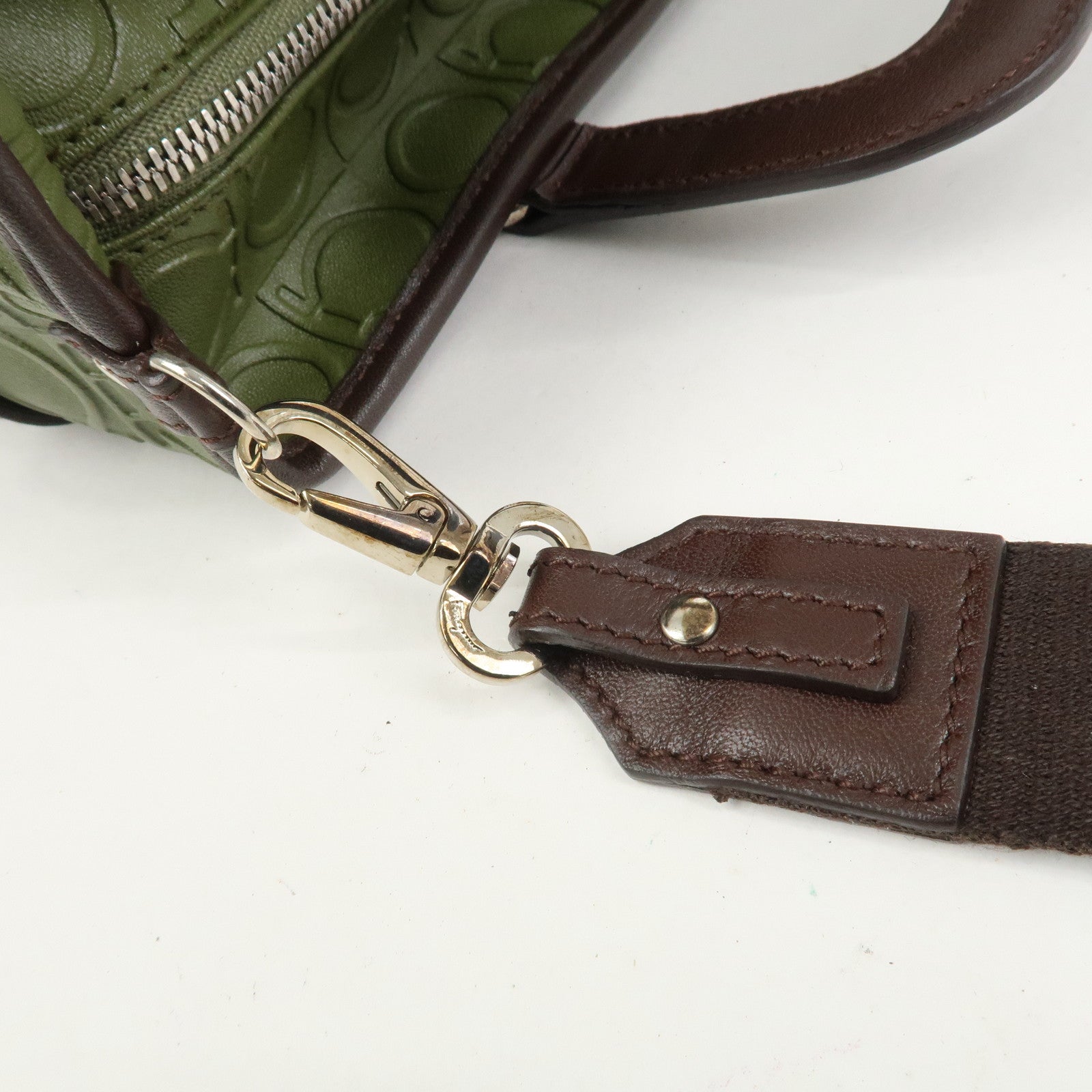 Ferragamo Gancini Embossed Leather 2Way Hand Shoulder Bag Green