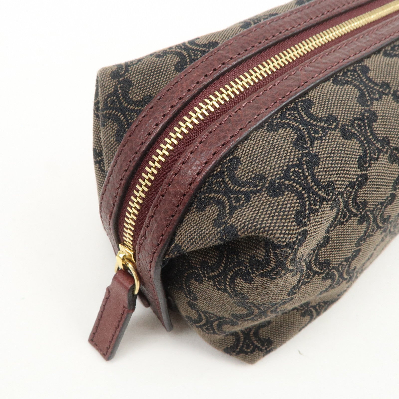 CELINE Macadam Canvas Leather Pouch Cosmetic Pouch Brown Wine Red