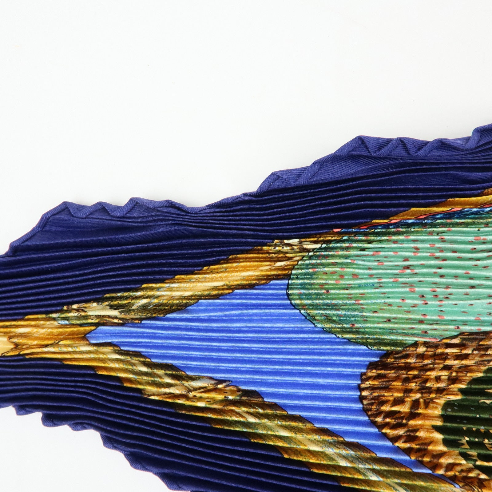 HERMES Pleated Carre 90 Silk 100% Scarf Jardin Creole Navy