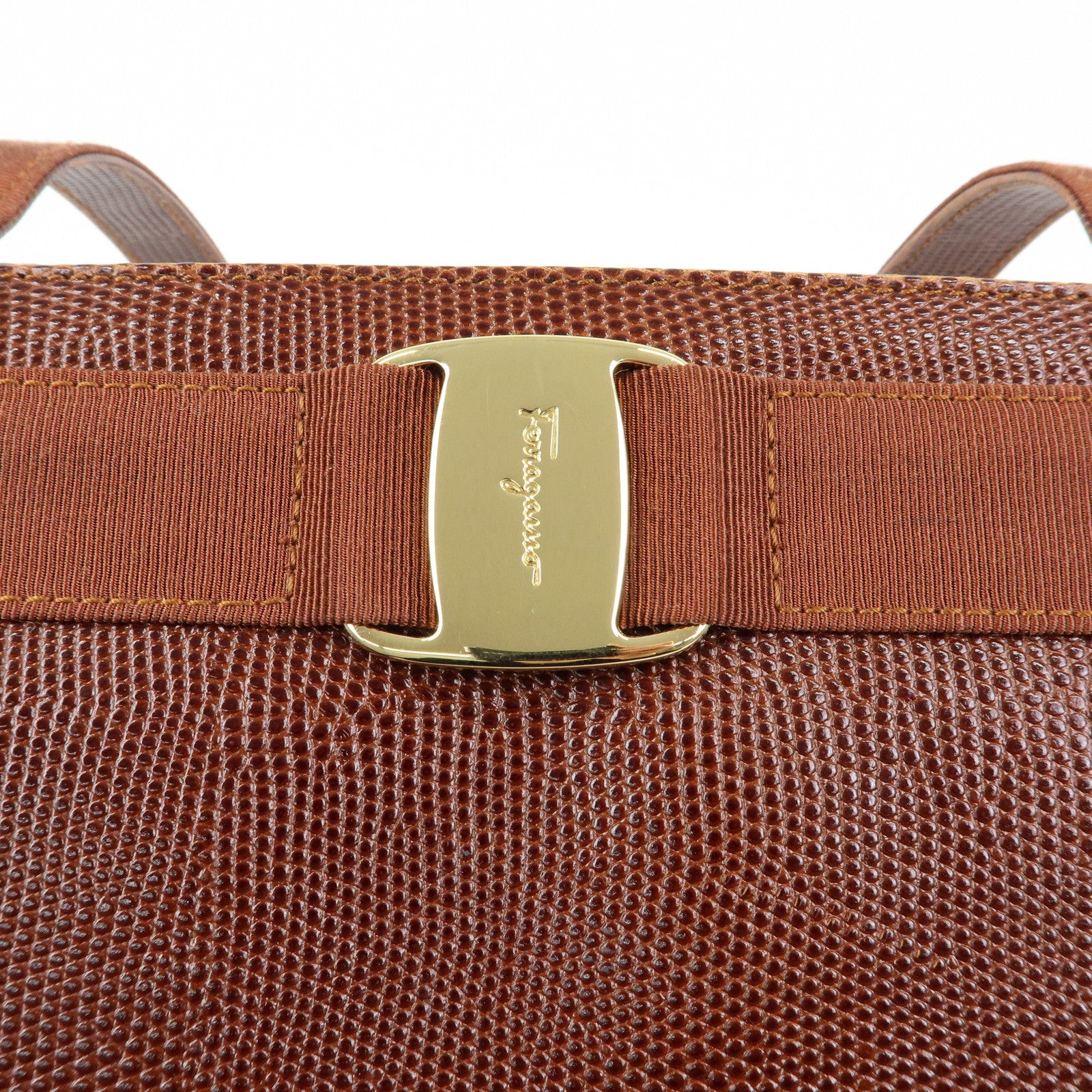 Ferragamo Vara Embossed Leather Tote Bag Shoulder Bag Brown