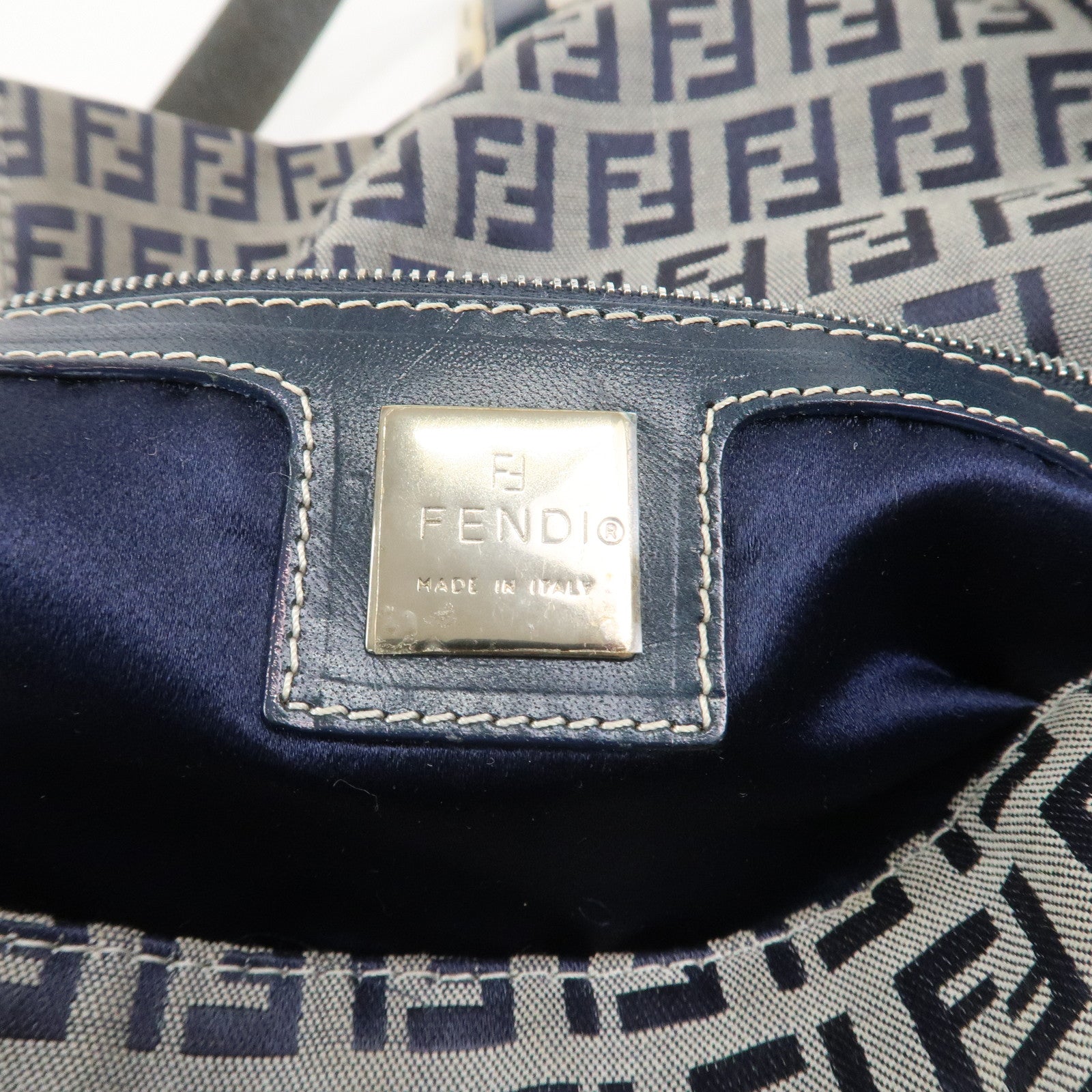 FENDI Mamma Baguette Zucchino Canvas Shoulder Bag Navy 26424