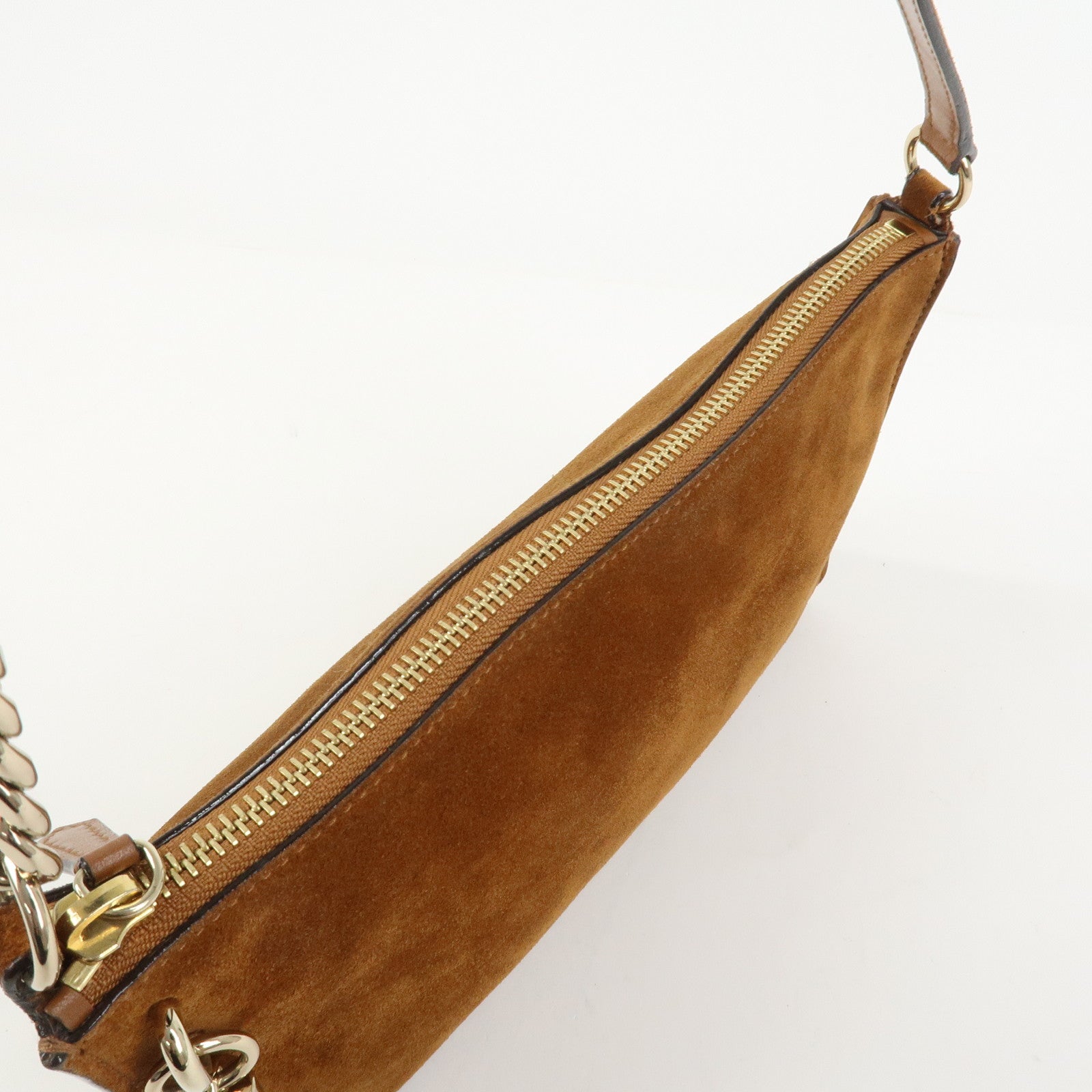 JIMMY CHOO Suede Leather Chain Shoulder Bag Hand Bag Brown