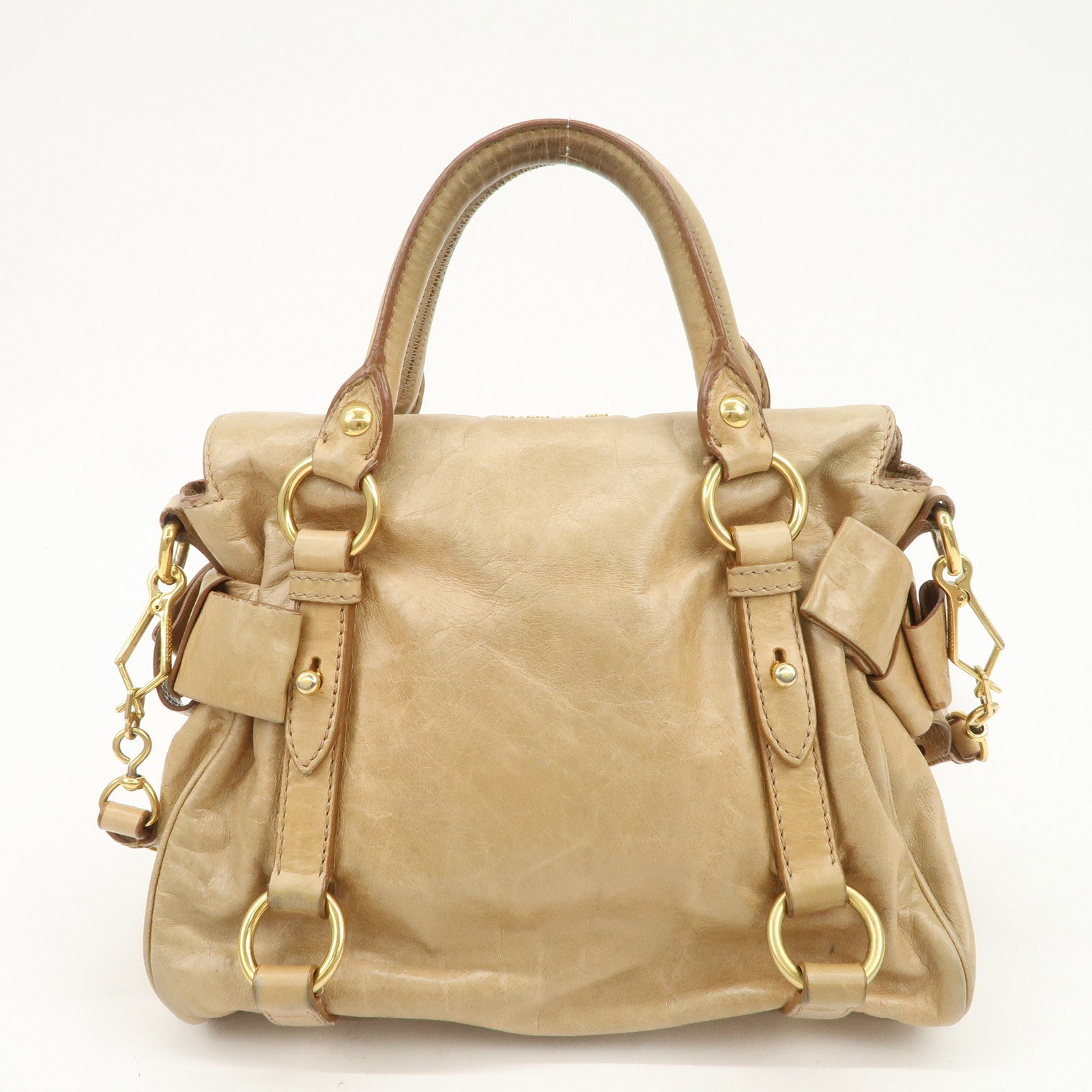 MIU MIU Logo Leather 2Way Bag Hand Bag Shoulder Bag Beige RT0438