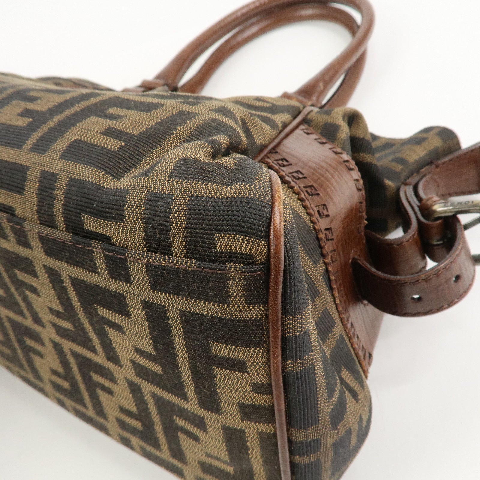 FENDI Etnico Zucca Canvas Leather Shoulder Bag Brown Black 8BN157