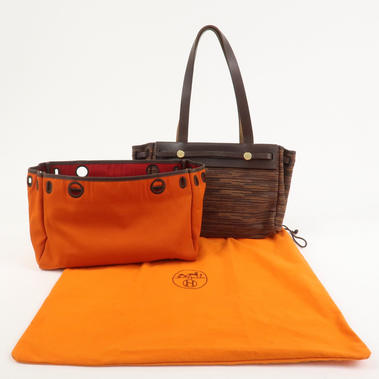 HERMES Cabas PM Airline Toile Officier Leather Shoulder Bag Brown