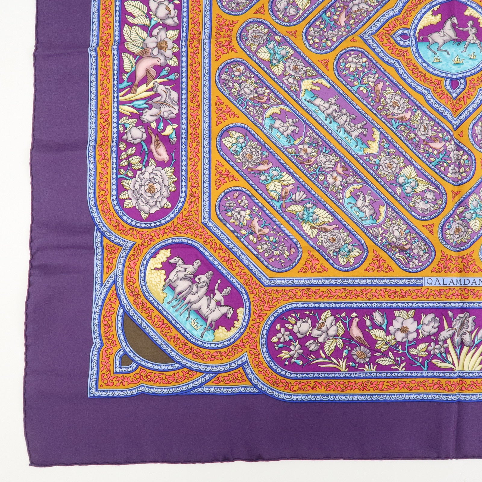 HERMES Carre 90 Silk 100% Scarf QALAMDAN Purple Orange