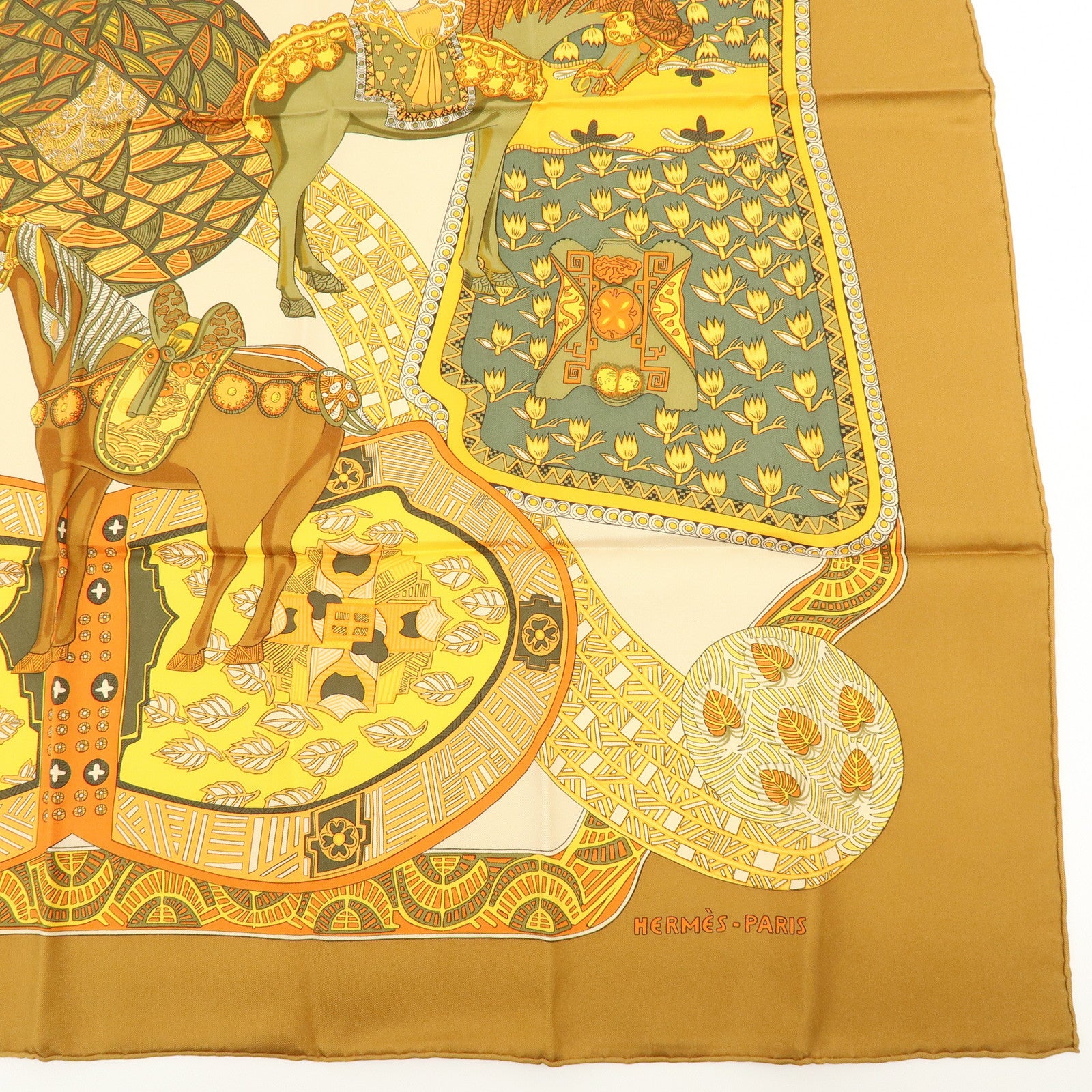 HERMES Carre 90 Silk 100% Scarf ART des STEPPES Horse Print Orange