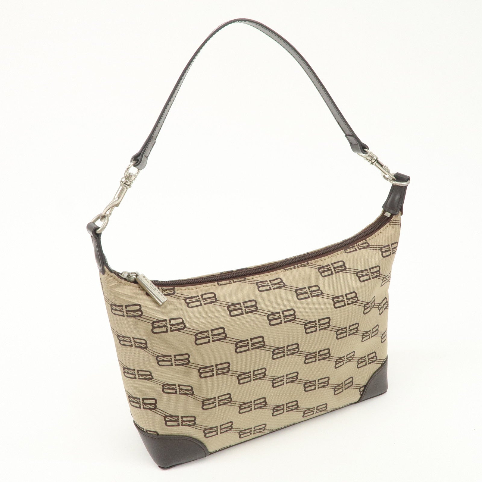 BALENCIAGA Leather Canvas Shoulder Bag Beige Brown