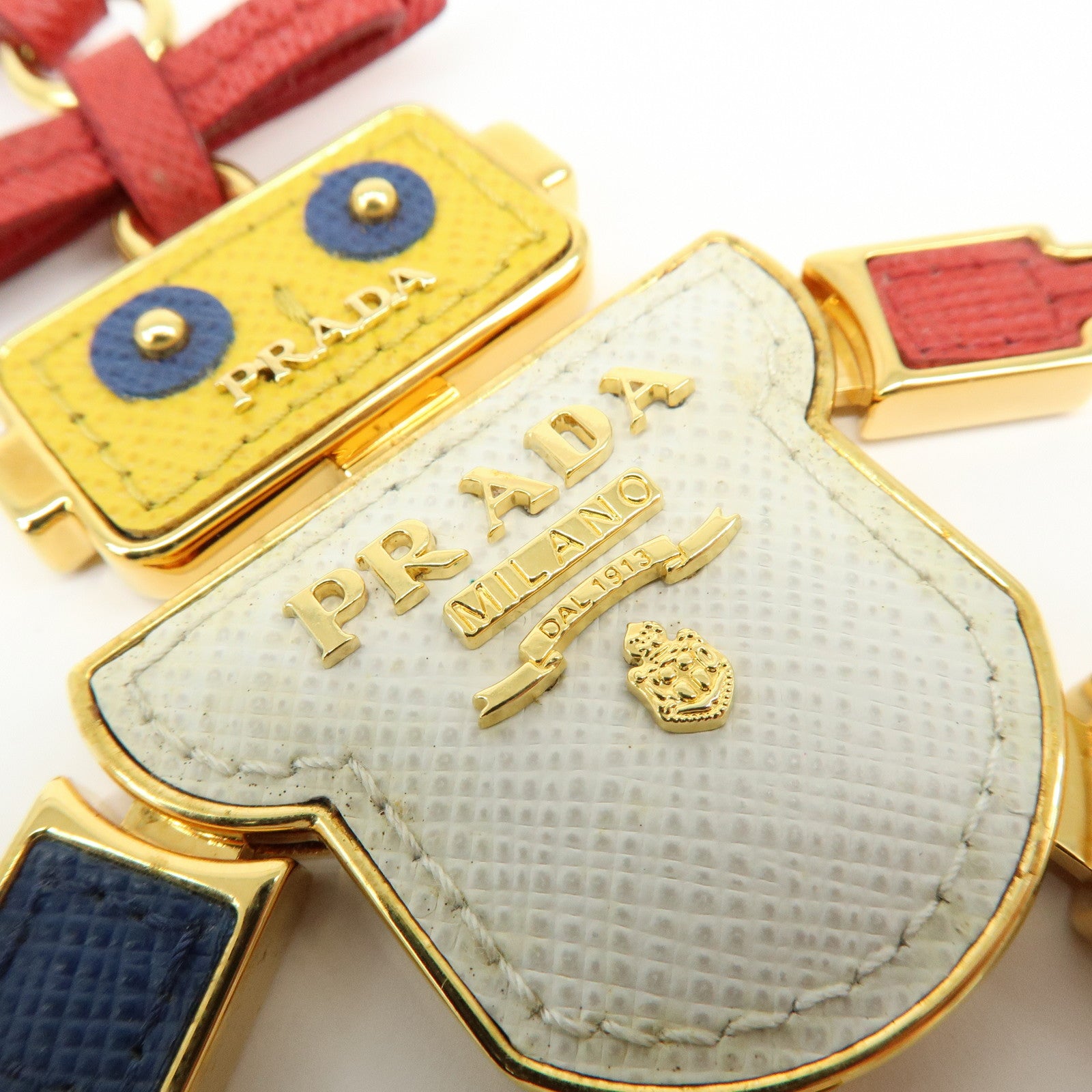 PRADA Saffiano Leather Metal Bag Key Charm Robot White Red 1TL136