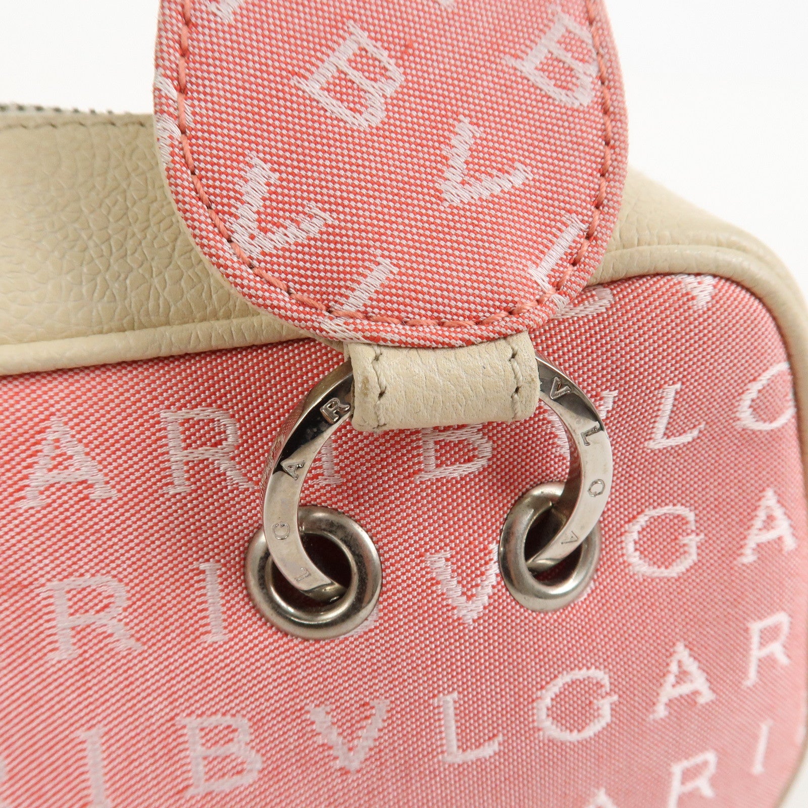 BVLGARI Logo Mania Canvas Leather Hand Bag Pink Ivory