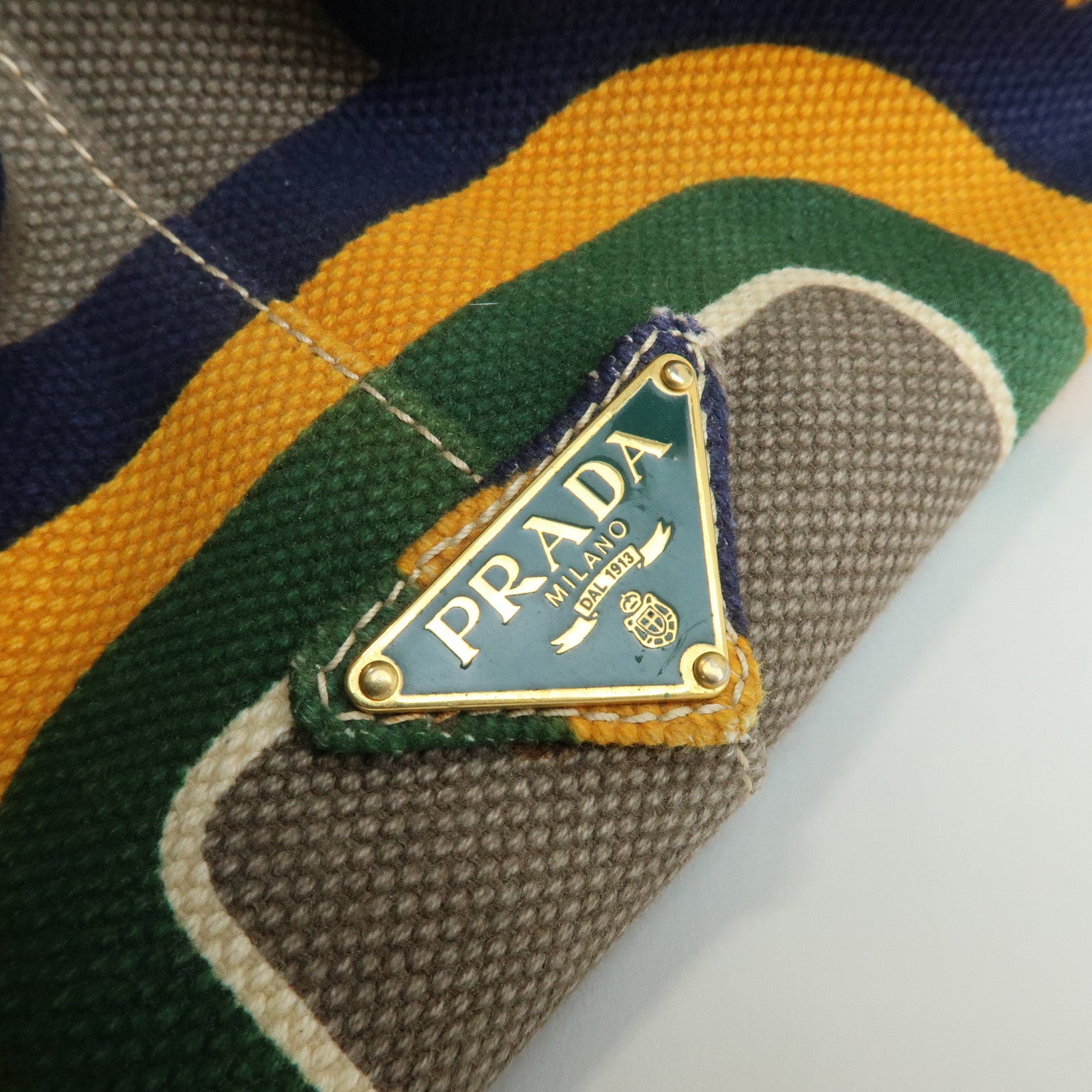 PRADA Canapa Large Tote Bag Hand Bag Green Yellow Navy BN1872