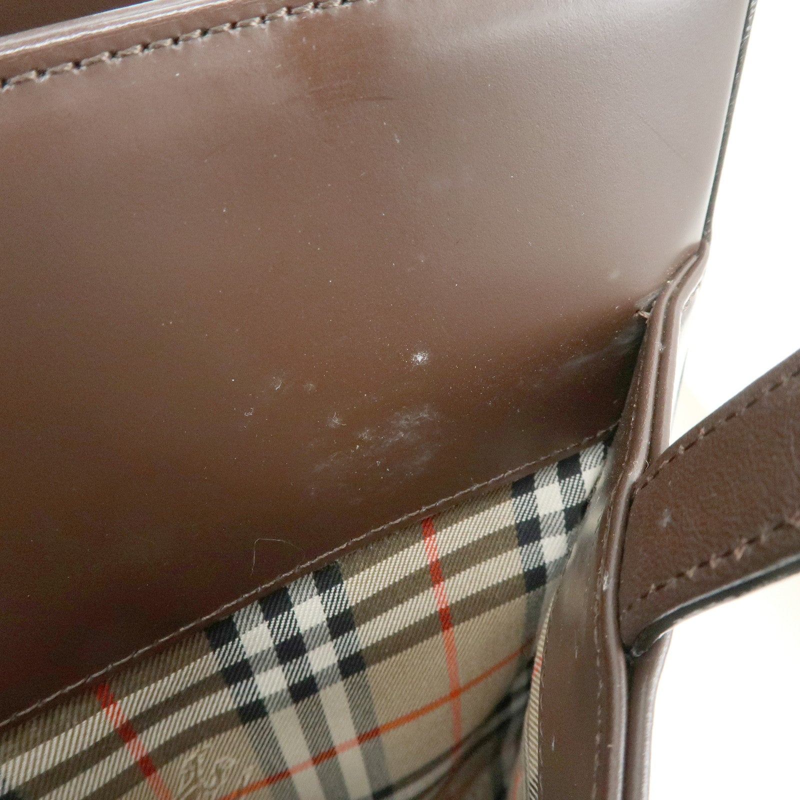 BURBERRY Nova Plaid Leather Hand Bag Tote Bag Brown