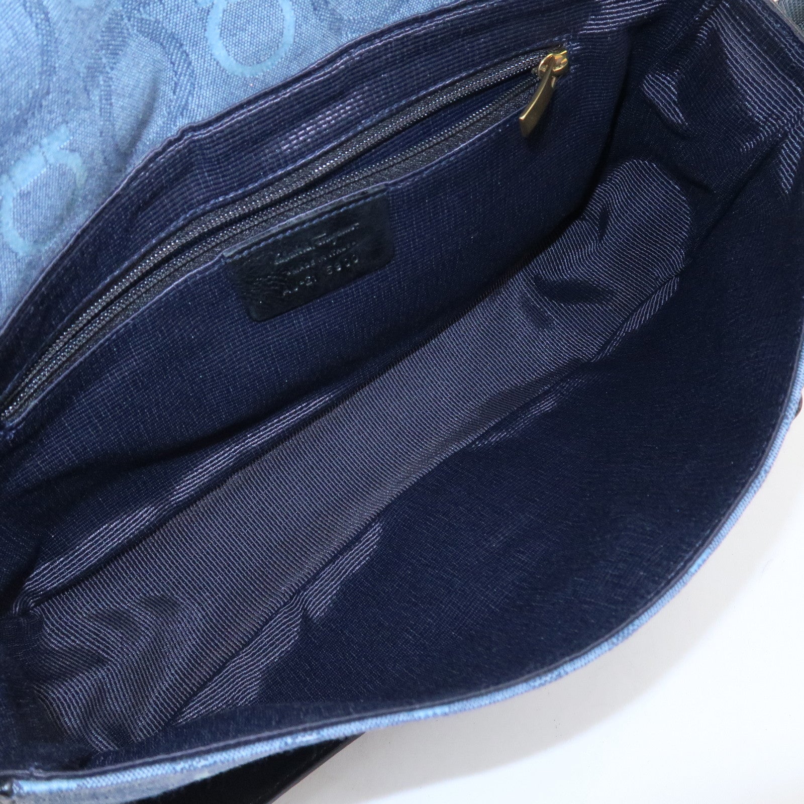 Ferragamo Gancini Canvas Leather Shoulder Bag Blue Black