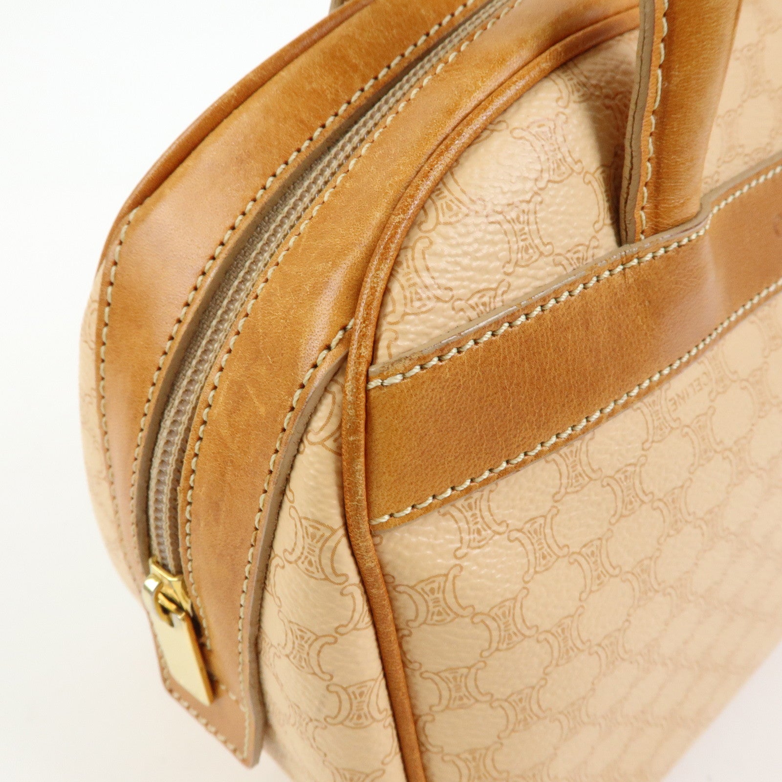 CELINE Macadam PVC Leather Hand Bag Boston Bag Beige Camel