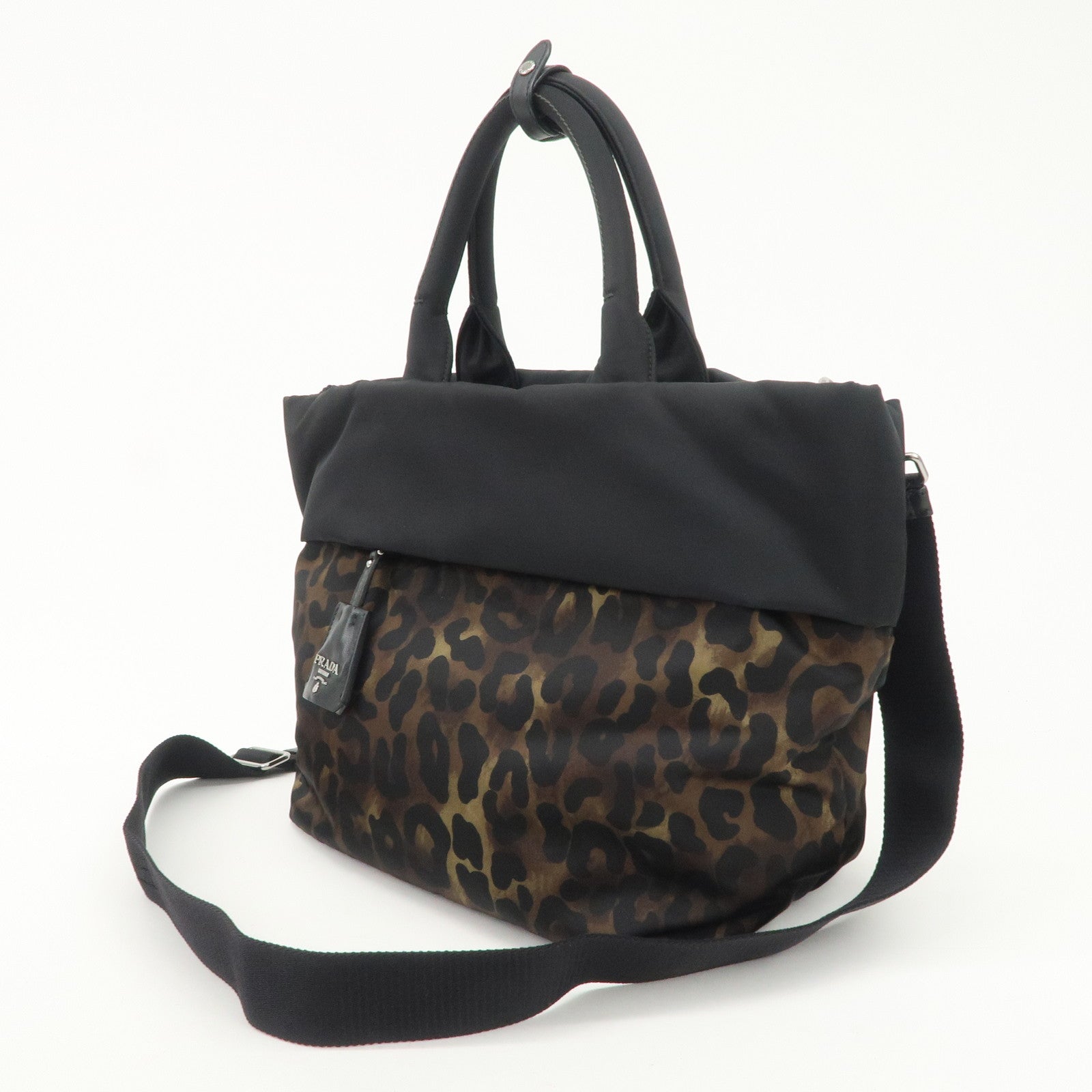 PRADA Logo Nylon 2Way Hand Tote Shoulder Bag Leopard Black B1959V
