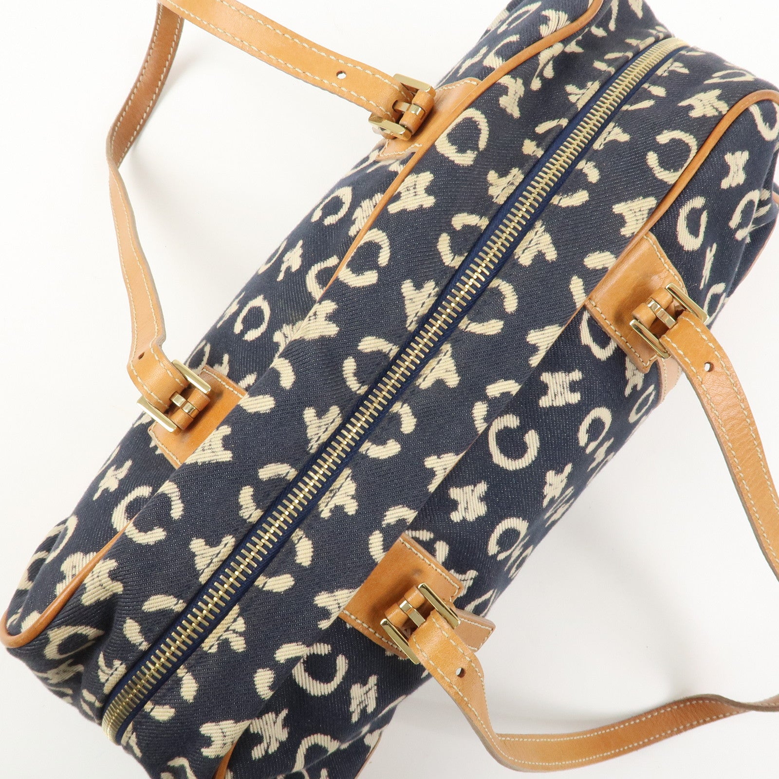 CELINE C Macadam Canvas Leather Shoulder Bag Hand Bag Navy