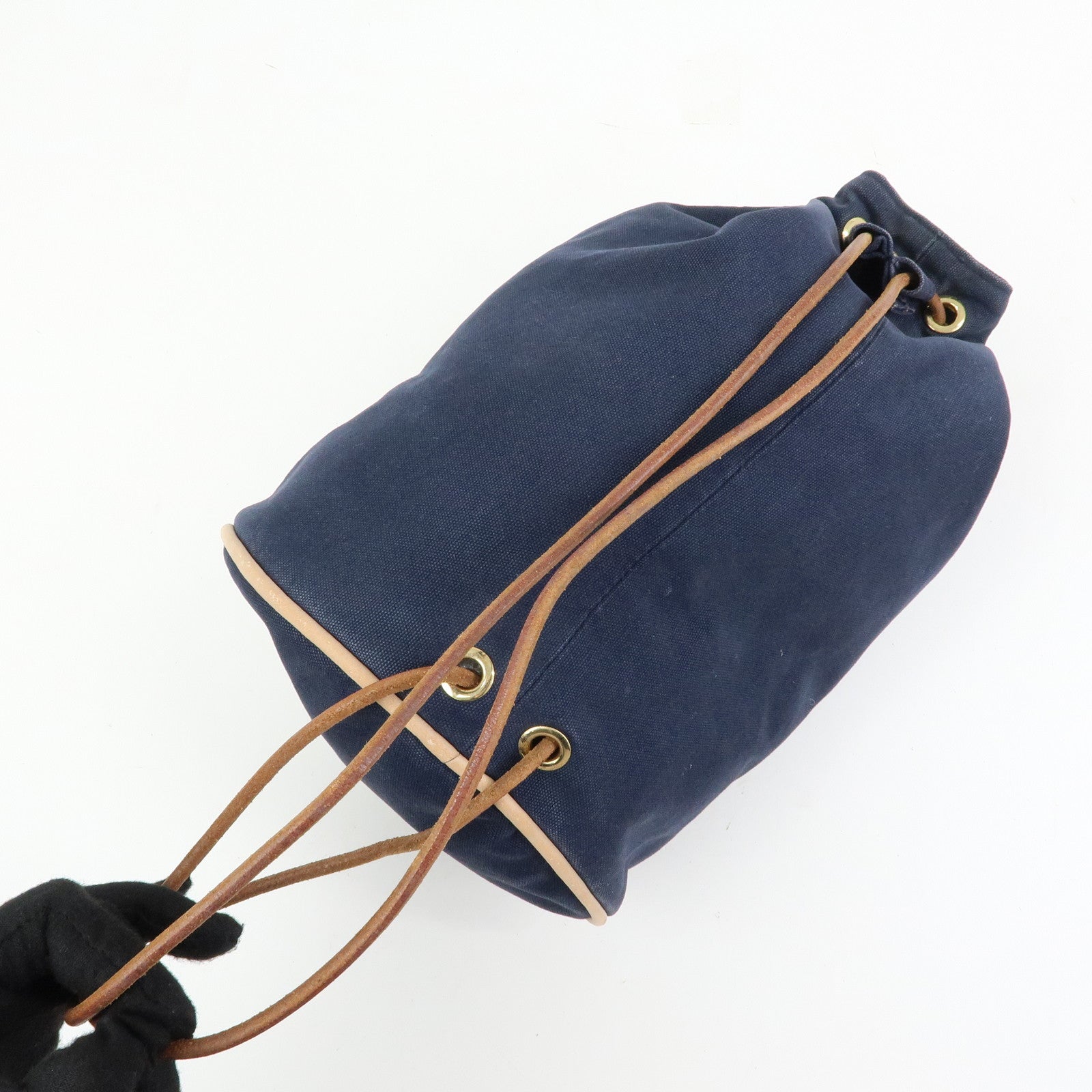HERMES Canvas Leather Porochon Mimil PM Drawstring Backpack Navy