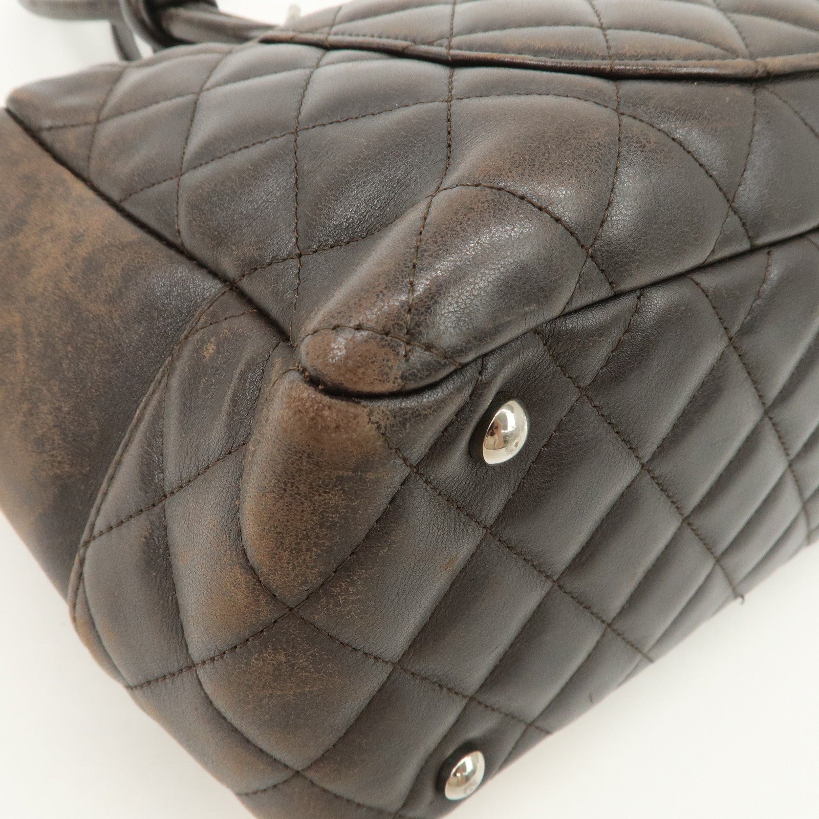 CHANEL Cambon Line Lamb Skin Bowling Bag Hand Bag Brown A25171 Used