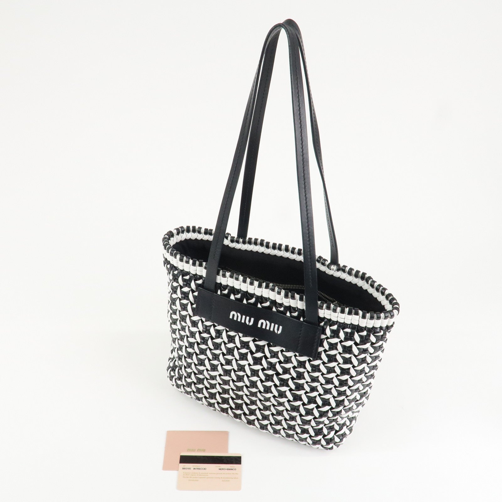 MIU MIU Leather Braid Tote Bag Shoulder Bag Black White 5BG193 Used