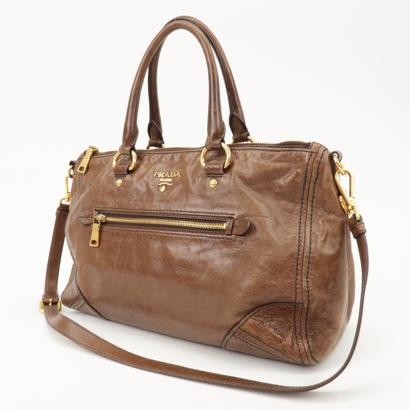 PRADA Logo Leather 2Way Bag Tote Bag Shoulder Bag Brown BL0727 Used