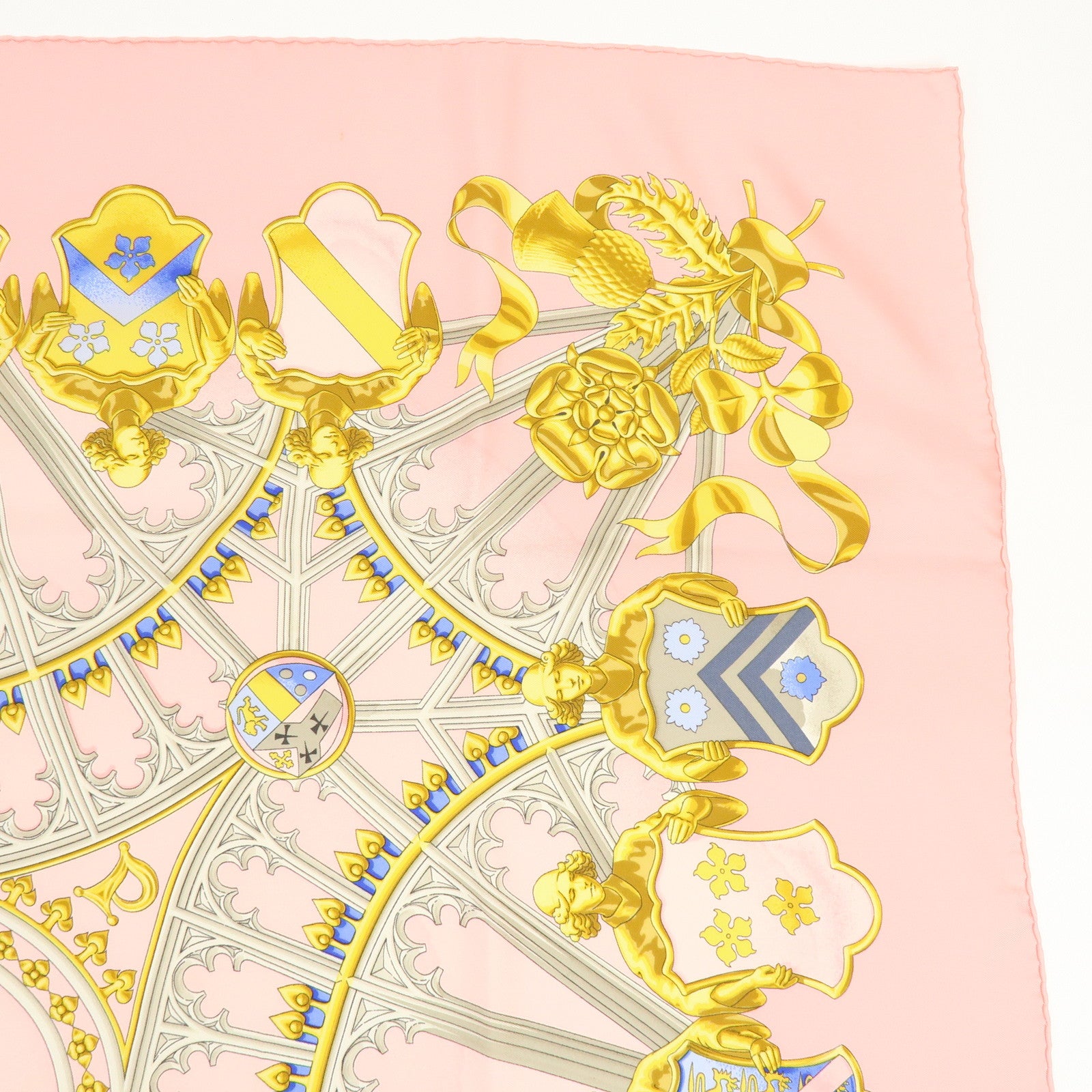 HERMES Carre 90 Silk 100% Scarf BRITISH HERALDRY Light Pink Gold